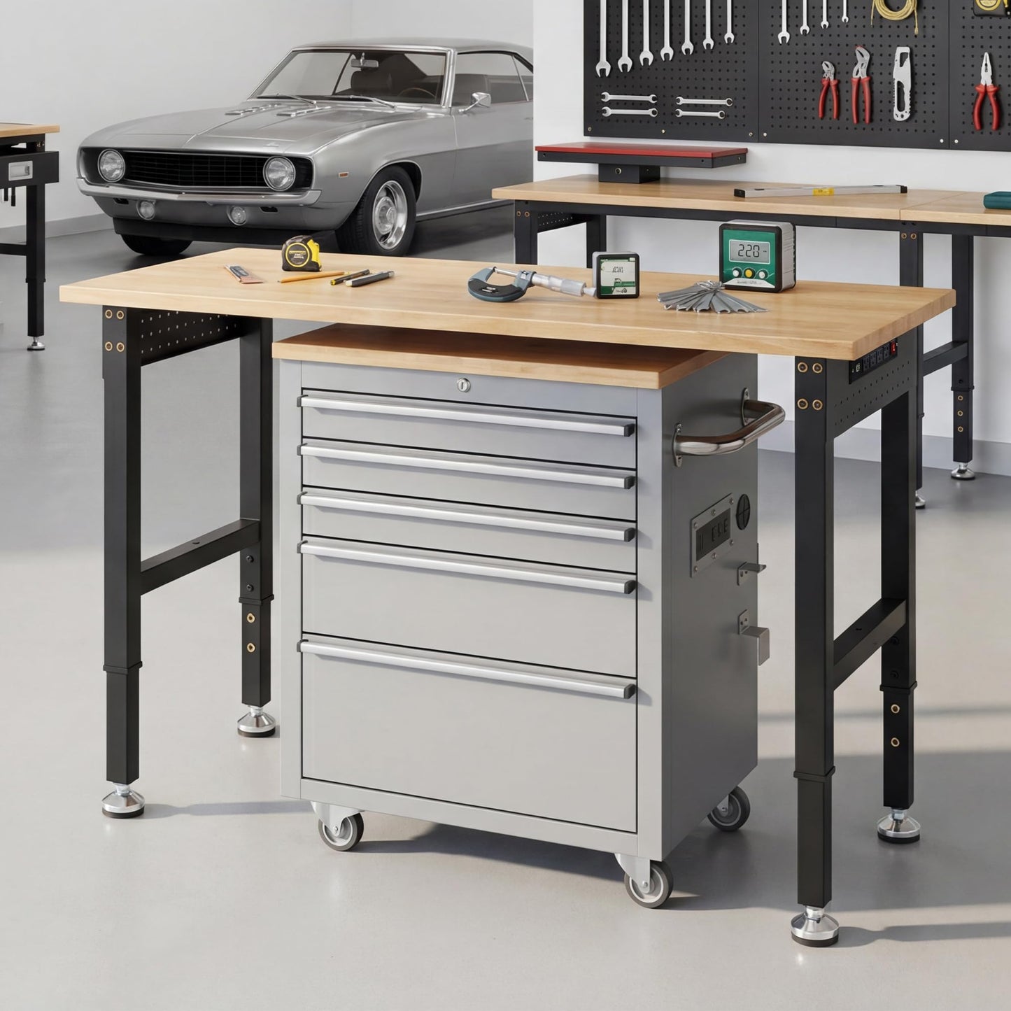 SPECRAFT Adjustable Heavy Duty Workbench with 4 AC Outlet and 2 USB Ports Power Outlets, 2000 Lbs Capacity, Rubber Wood Top for Garage, Workshop, Office