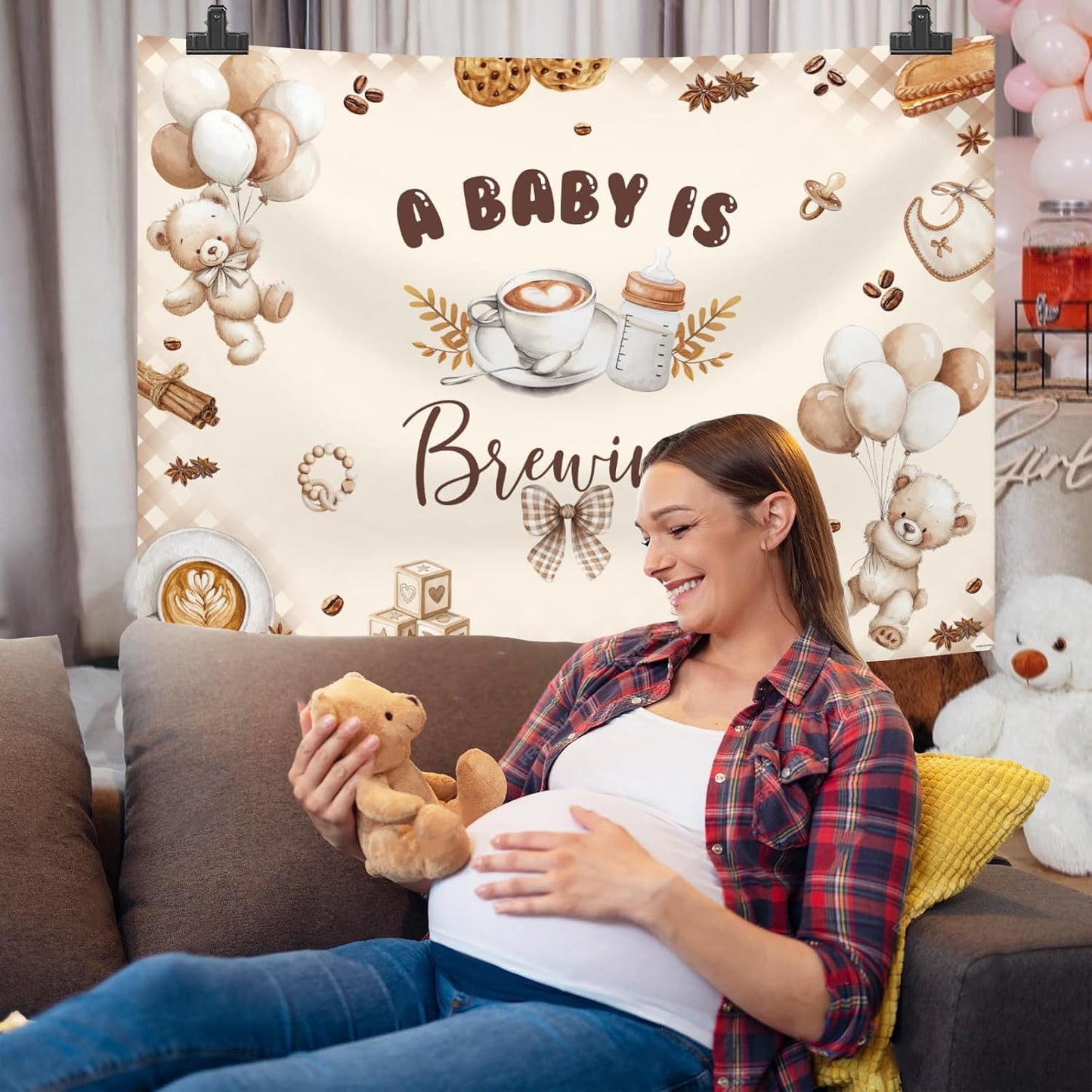 Generic 10x7ft A Baby is Brewing Baby Shower Backdrop Brown Coffee Baking Theme Cute Bear Background Feeding Bottle