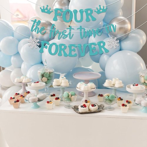 Four The First Time in Forever Banner - Snowflake 4th Birthday Decor | Princess Frozen Theme