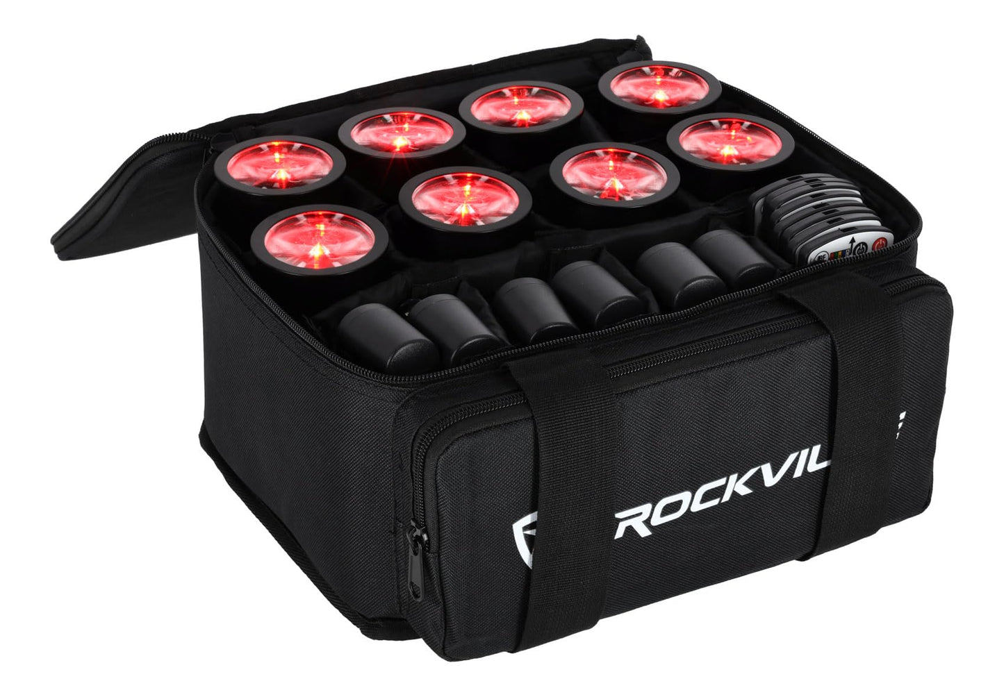 Rockville 8 Pack MINI Halo Black DJ Wash Lights + Bag, Wireless DMX, 17 Hour Battery, Wireless DMX, RF Remote