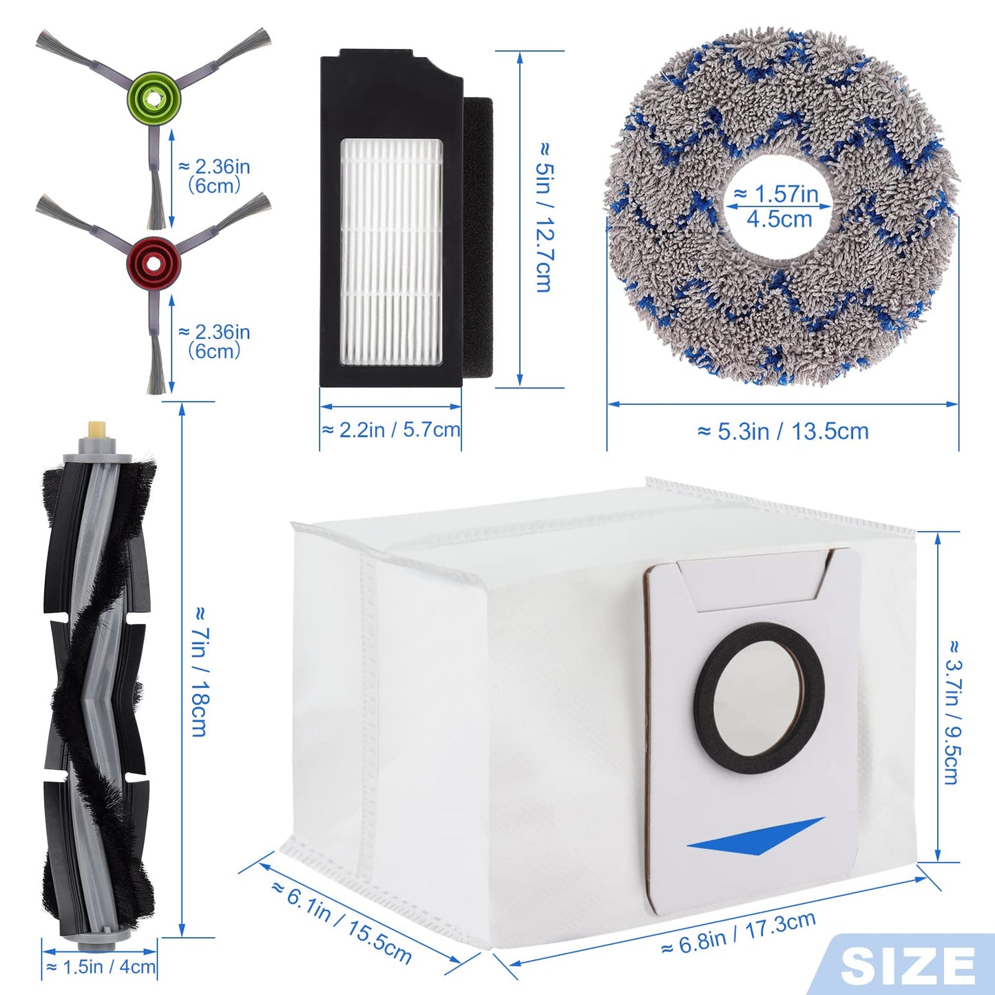 Replacement Parts for ECOVACS DEEBOT X1 OMNI Turbo T10 T20 Omni T20/T20 Max/T20 Pro Robot Vacuum Cleaner - Spare Accessories Kit Include 1 Main Brush 4 Side Brushes 4 Filter 4 Mop Pads 2 Dust bag