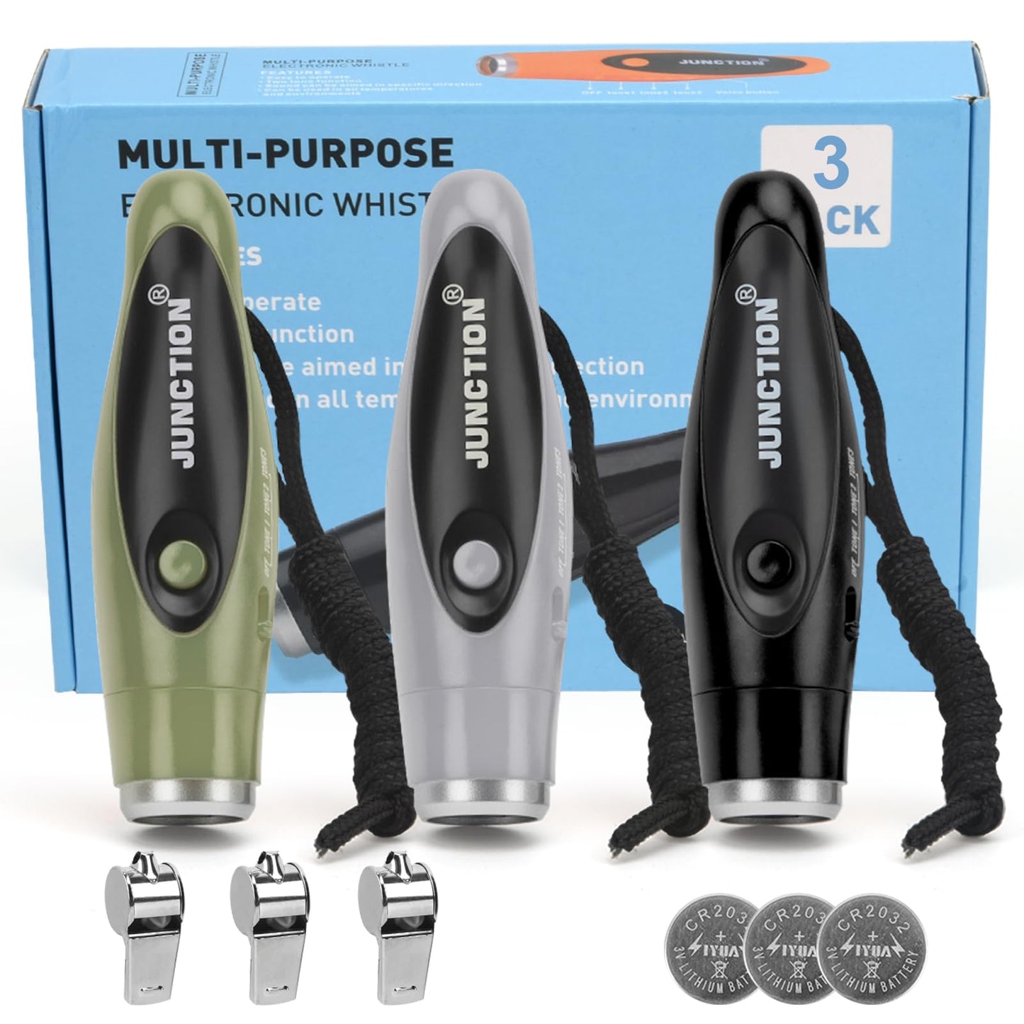 Xflyee Electronic Whistle 3 Pack, 3 Tones High Volume Handheld Electronic Whistles Electric Whistle with Lanyard Outdoor Sport Whistle for Coaches, Referees, Teacher, P.E (Black+Army Green+Gray)