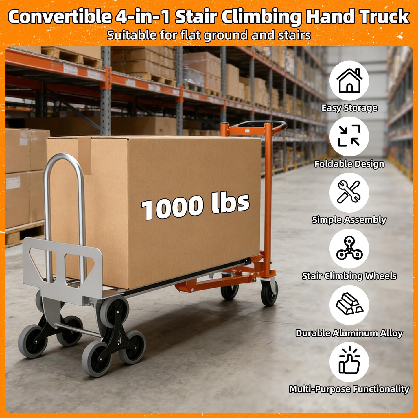 Aluminum 4 in 1 Convertible Hand Truck Dolly Cart with Wheels, 1000Lbs Capacity, Heavy Duty Stair Climbing Hand Trucks with Bungee Cord&Strap for Flat Ground & Stairs, Logistics, Home, Office, Orange