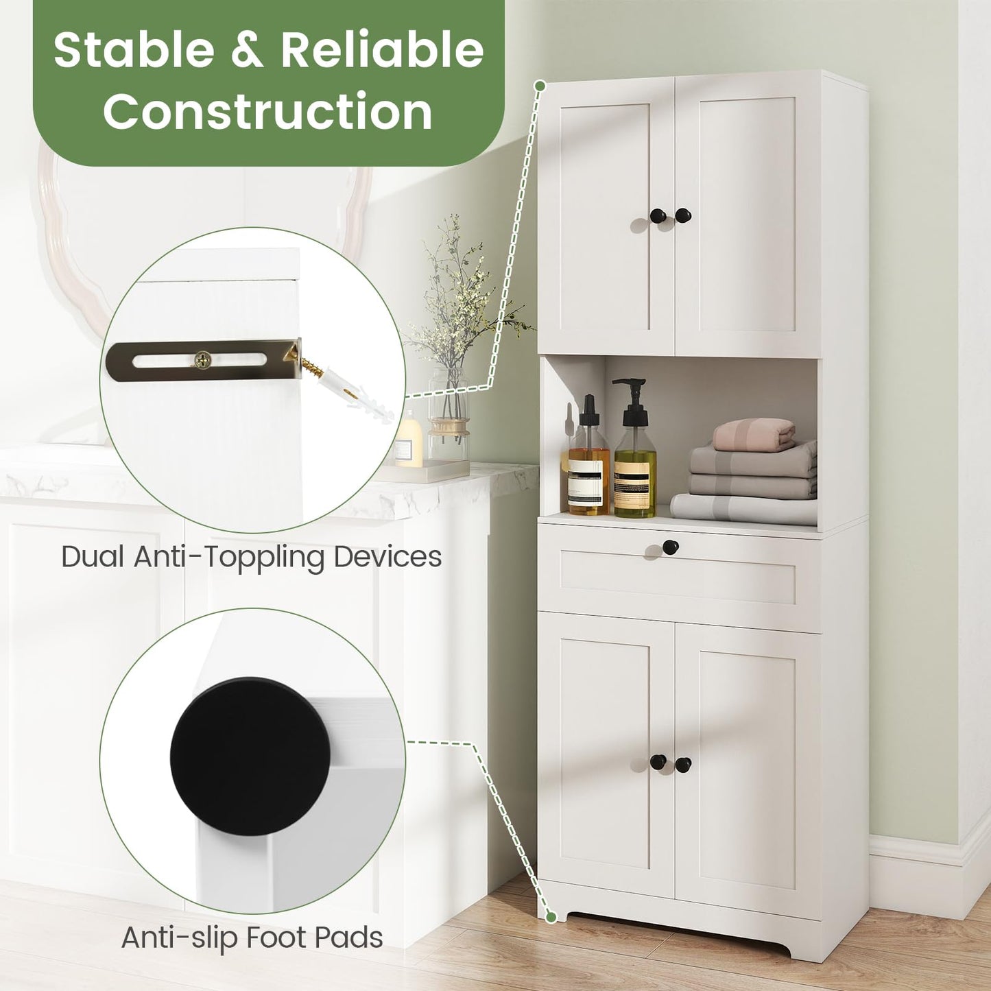 Giantex Kitchen Pantry Cabinet, 67.5" Tall Floor Storage Cabinet w/4 Doors & 1 Drawer, Modern Freestanding Bathroom Organizer w/Open Countertop & Adjustable Shelf for Dining Room, Living Room (White)