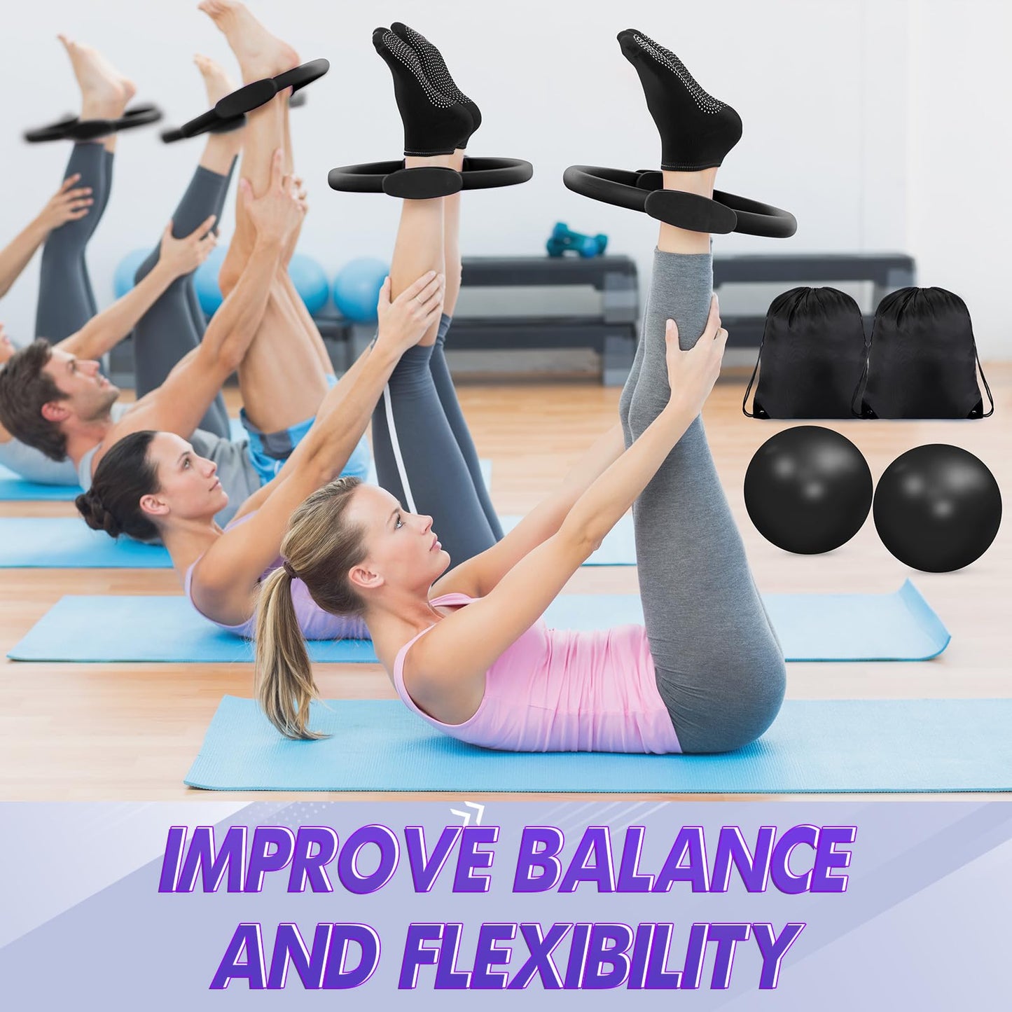 Poen 18 Pcs Home Pilates Ball and Ring Circle Set Yoga Fitness Essentials Kit with 5 Resistance Band Stretching Strap Non Slip Sock Ball Core Slider Wristband Headband Gym Bag for Women, Black