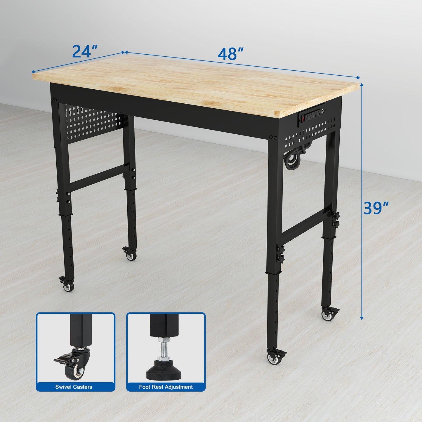 HARDURA 48" Adjustable Wooden Workbench with Wheels, Built-in Power Outlets, 1320 lb Load Capacity for Workshop