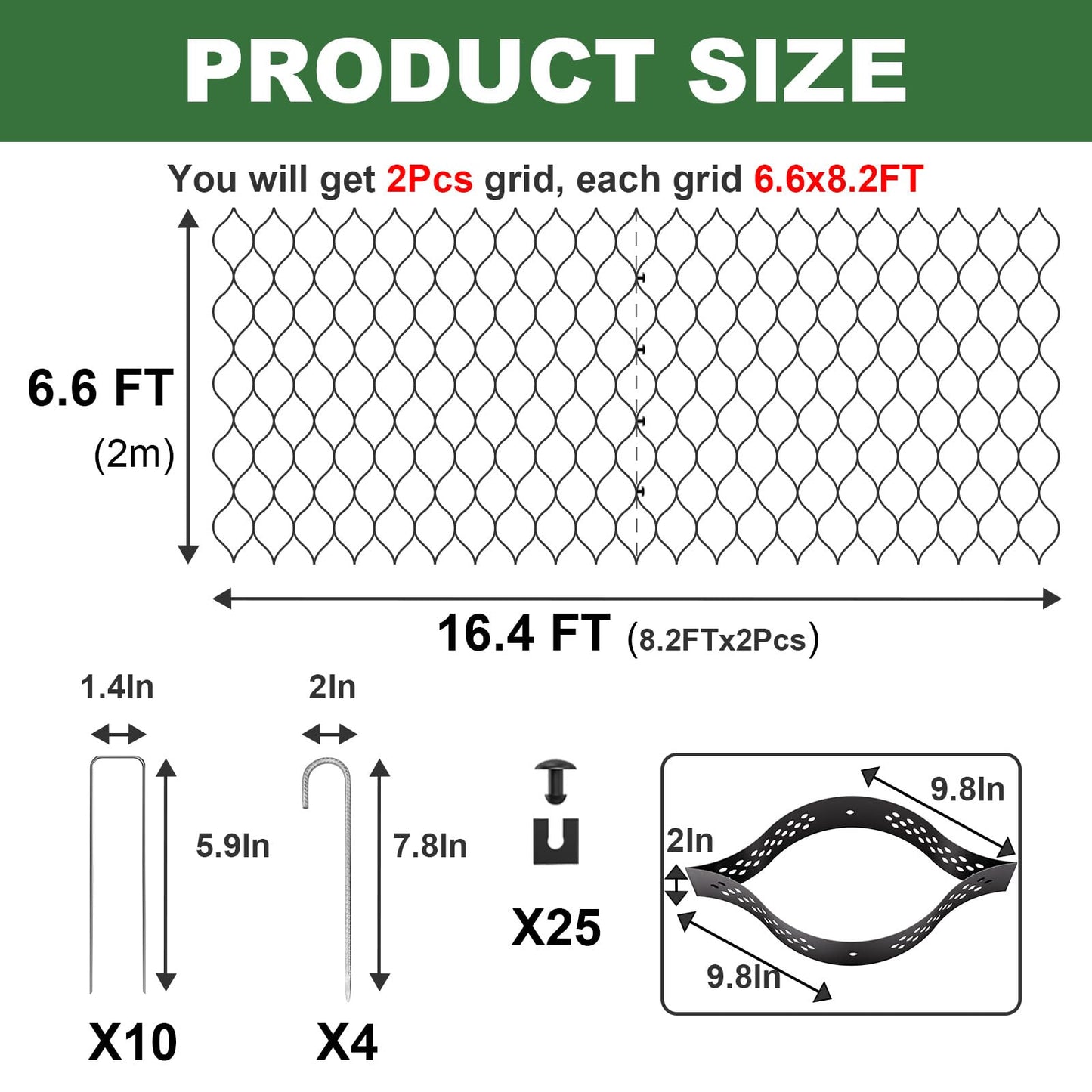Gravel Grid 2'' Depth with Metal Stakes, 6.6x16.4 FT Geogrid for Gravel Driveway 2200 lbs per Sq FT Erosion Control Ground Grid Gravel Stabilizer Grid for Driveway, Parking Lot, Slope, Walkway, Patio