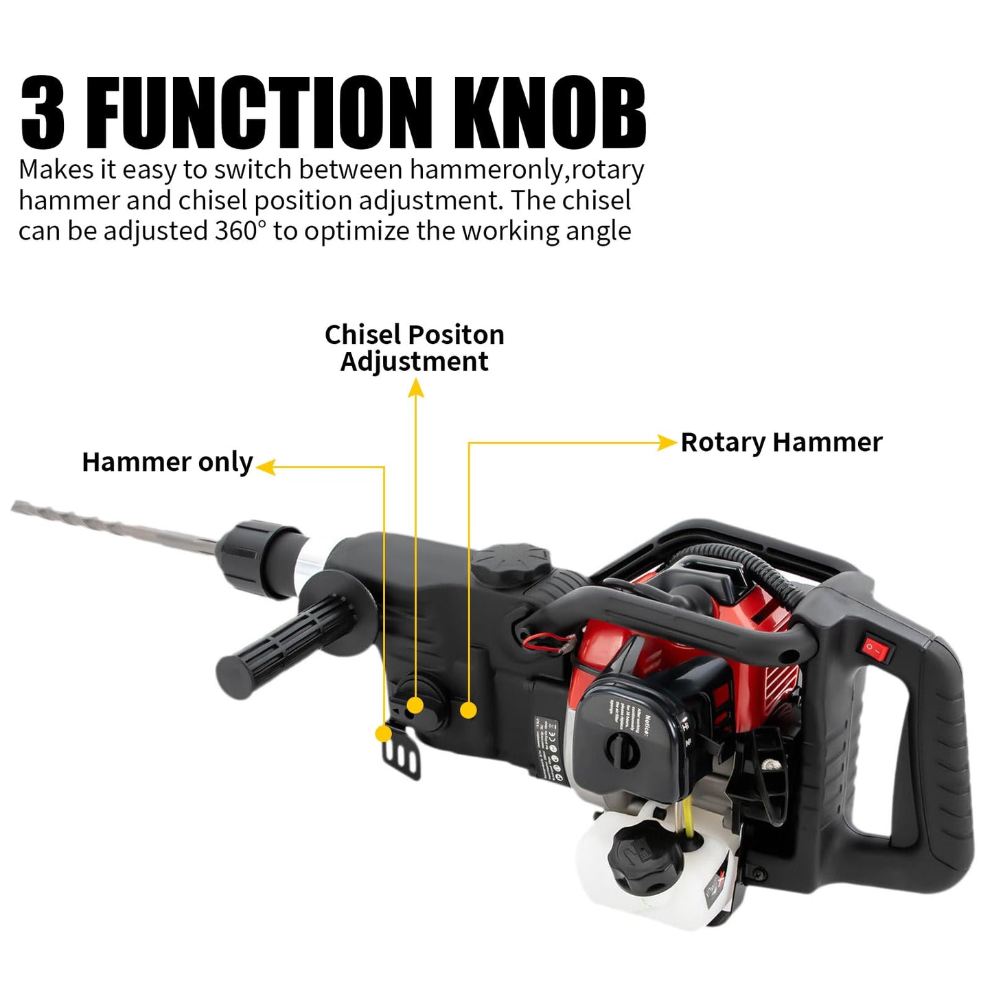 Qrooviiy Jack Hammer,1000W 5300RPM 2-Stroke Jack Hammer Concrete Breaker with 2 Pickaxes 3 Drills,3-in-1 Gas Powered Demolition Concrete Breaker for Trenching,Chipping,Breaking Holes