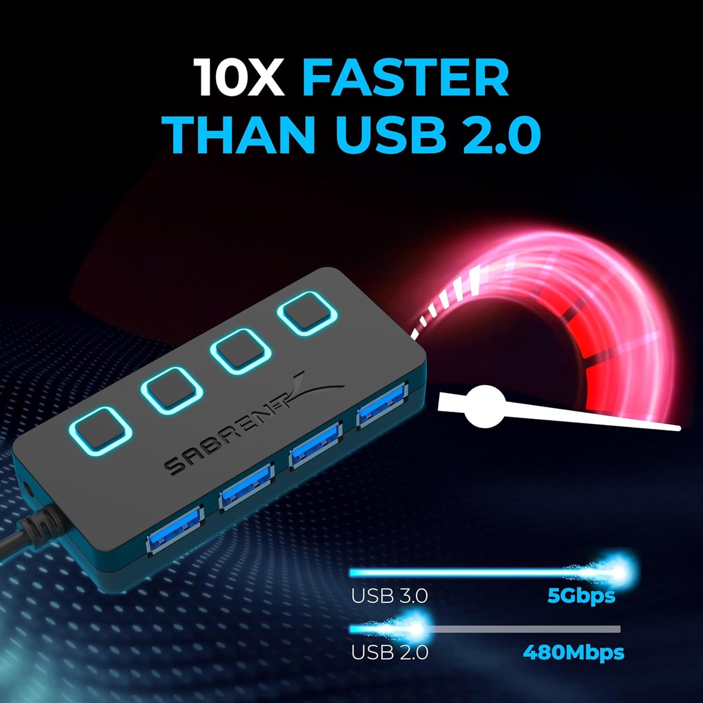 SABRENT 4 3.0 5V/2.5A (HB-UMP3) Port USB Hub with Individual LED Lit Power Switches, Includes Power Adapter