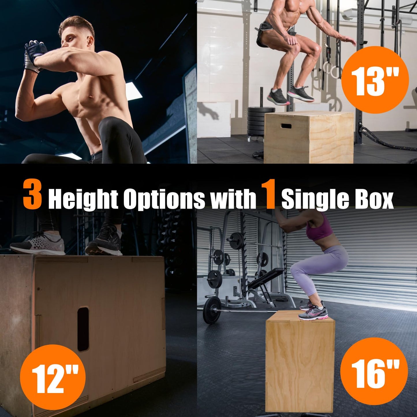 CAELUM 3-in-1 Wooden Plyo Box – Non-Slip Jump Box for Home & Gym, Heavy-Duty 400lbs Plyometric Box for Step-Ups, Squats, Strength & Agility Training 16" x 13" x 12"