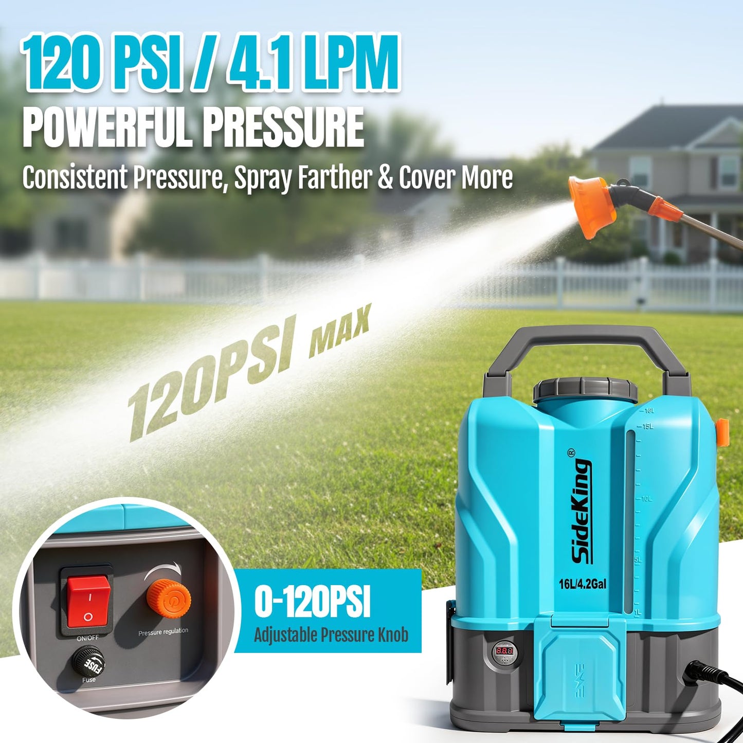 SideKing 4.2 Gallon Battery Powered Backpack Sprayer, 120 PSI Powerful Electric Sprayer Compatible with DeWalt 20V Battery, Max 1.0 GPM, 5 Nozzles & 2 Spray Wands for Lawn, Yard, Weed & Pest Control