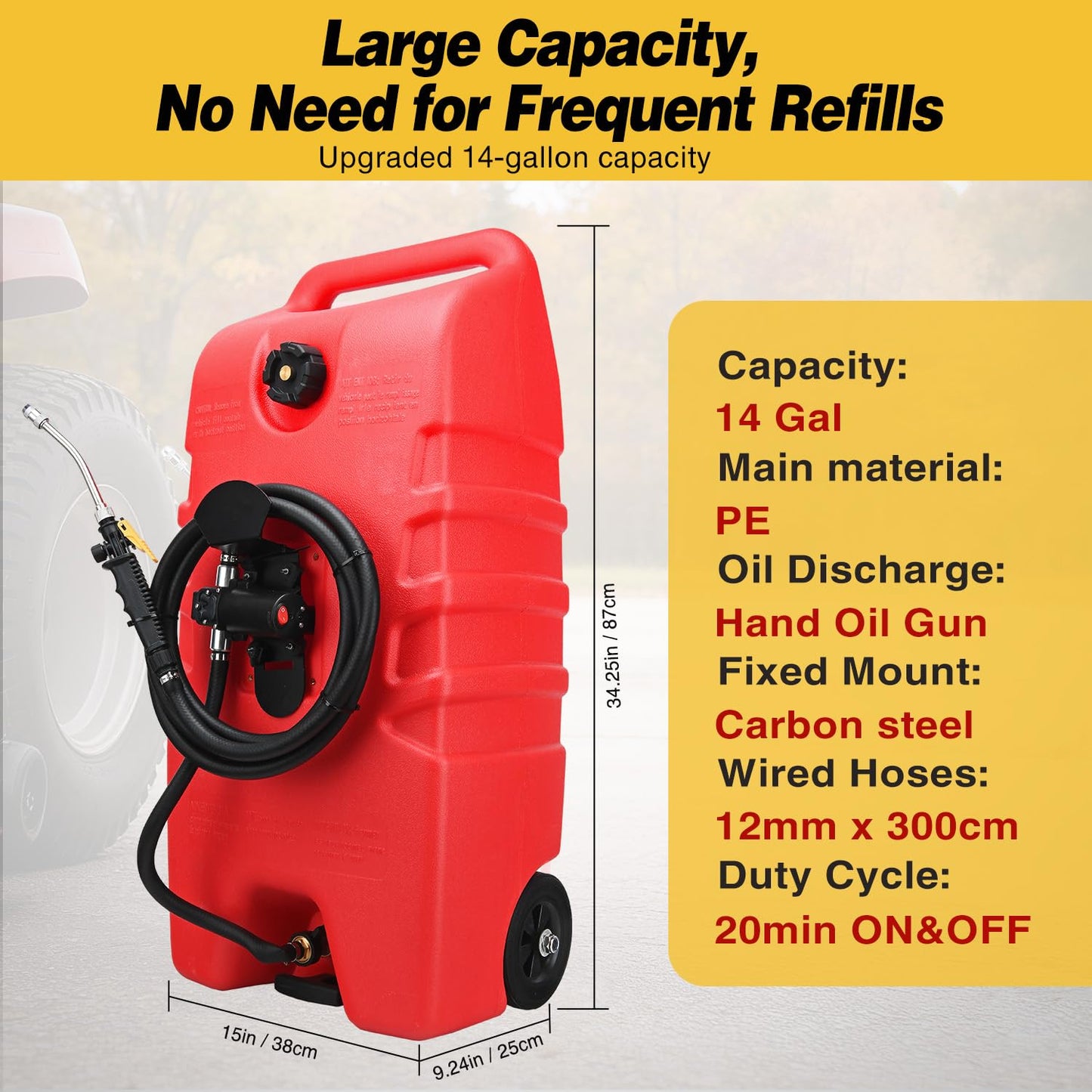 GOOACC 14 Gallon Fuel Caddy, Portable Fuel Transfer Tank with 12V DC Electric Pump, Heavy-Duty Empty Gasoline/Diesel Storage Container with Wheels and 10FT Hose for Motorcycles Boats Lawn Mowers, Red