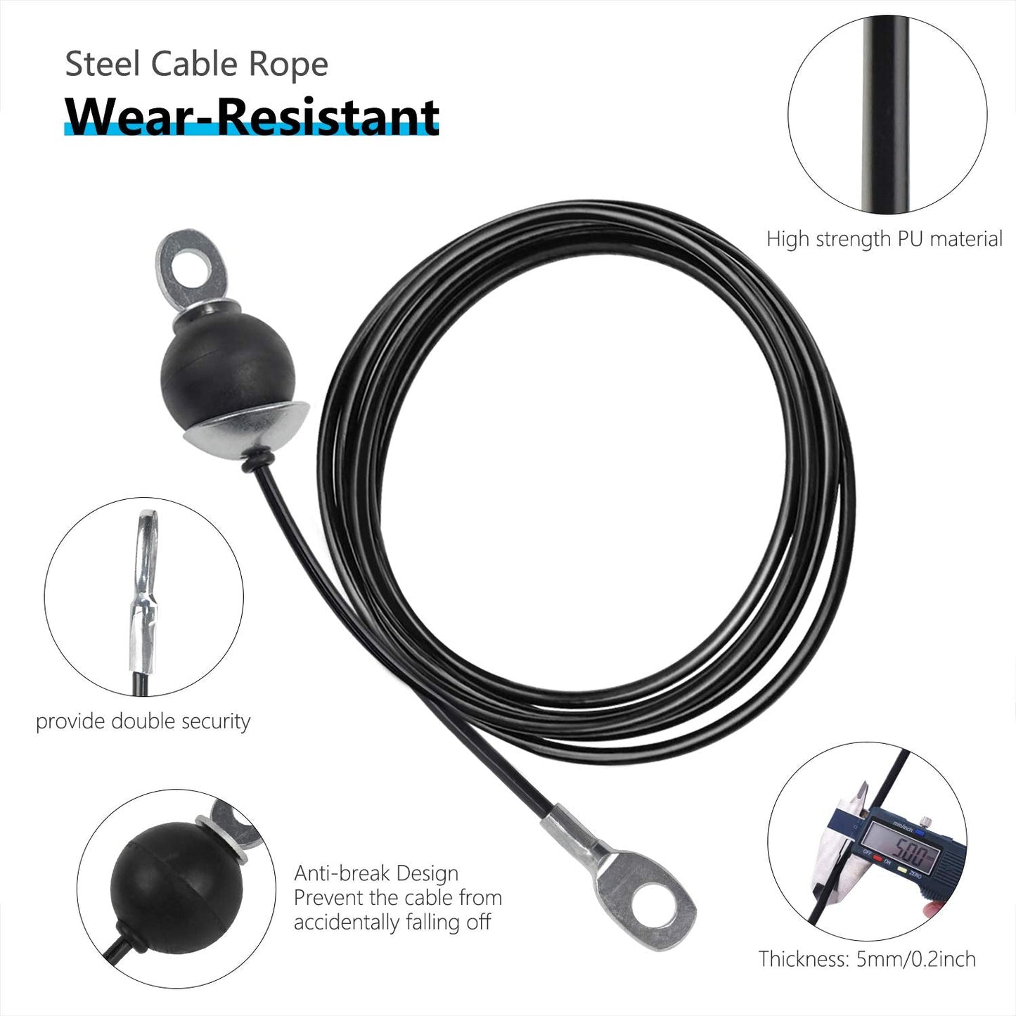 LFJ Replacement Gym Cable Fitness Pulley Cable Steel Wire Rope for Cable Machine Home Gym Weight Lift Pulley System (Fixed Length with Stopper, 138")