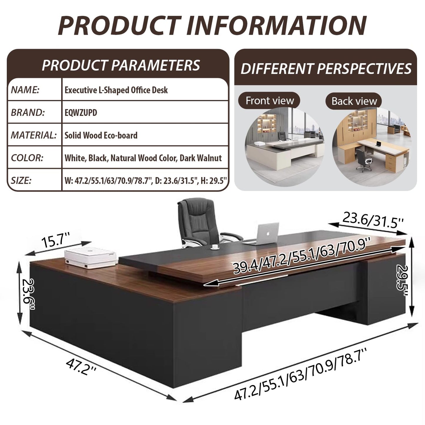 EQWZUPD Executive Office Desk, L Shaped, 1'' Thick Tabletop, Solid Wood Board, with Side cabinets and Wire Holes, Drawer with Lock, for Executive Desks,Boss Table,Computer Desk,Home Office Furniture