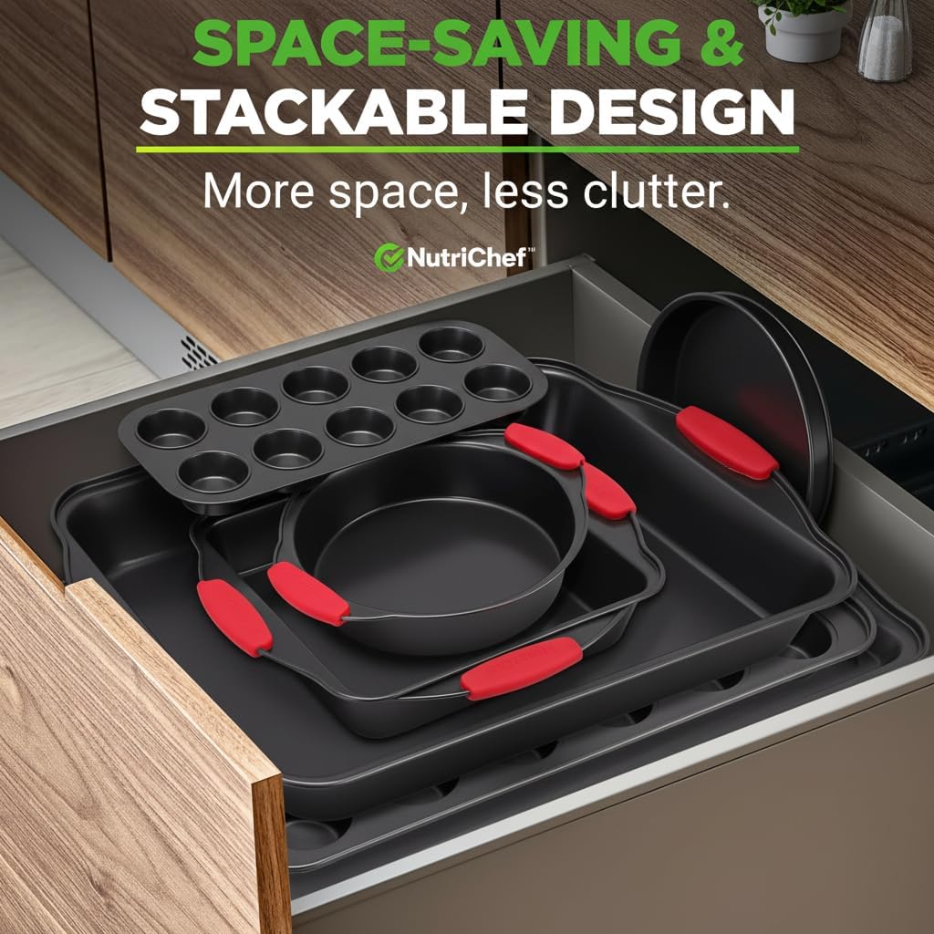 NutriChef 10-Piece Nonstick Baking Pans Set - Premium Carbon Steel Bakeware with Silicone Handles | Easy to Clean