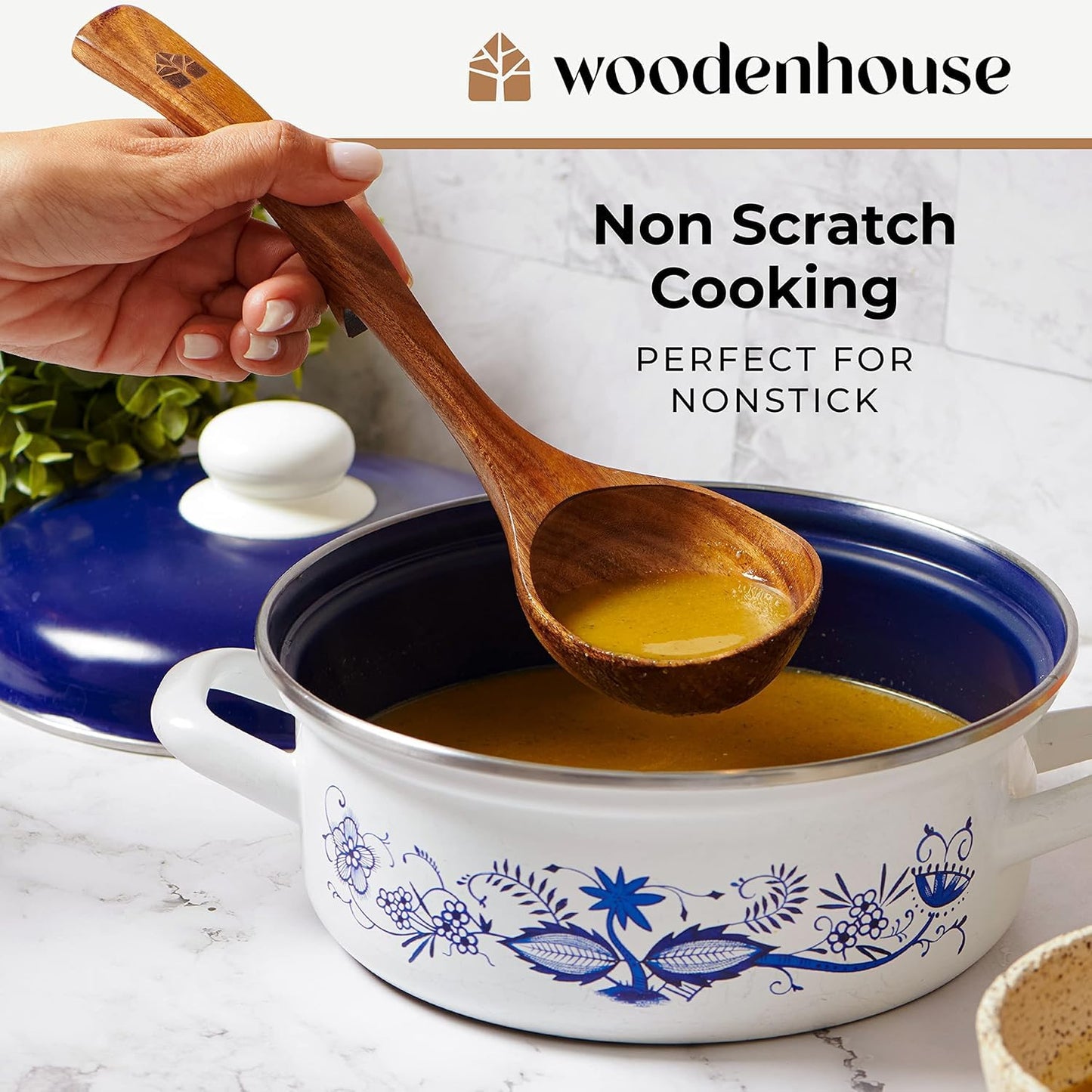 Wooden Ladle for Soup, 3 Size Teak Wood Ladle Spoon with Back Hooks for Pot & Bowl, Non-Stick Wooden Spoon Set for Cooking, Serving and Stirring