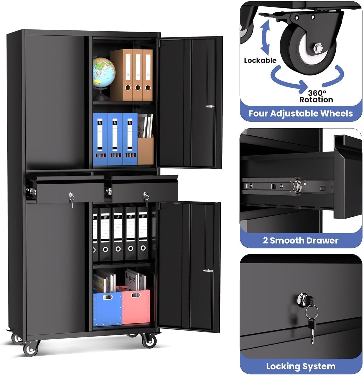 GarveeHome Garage Storage Cabinet, 73'' Metal Storage Cabinet with Wheels and Adjustable Shelves, Heavy Duty Storage Cabinet with Locking Doors and 2 Drawers for Office and Garage, Black