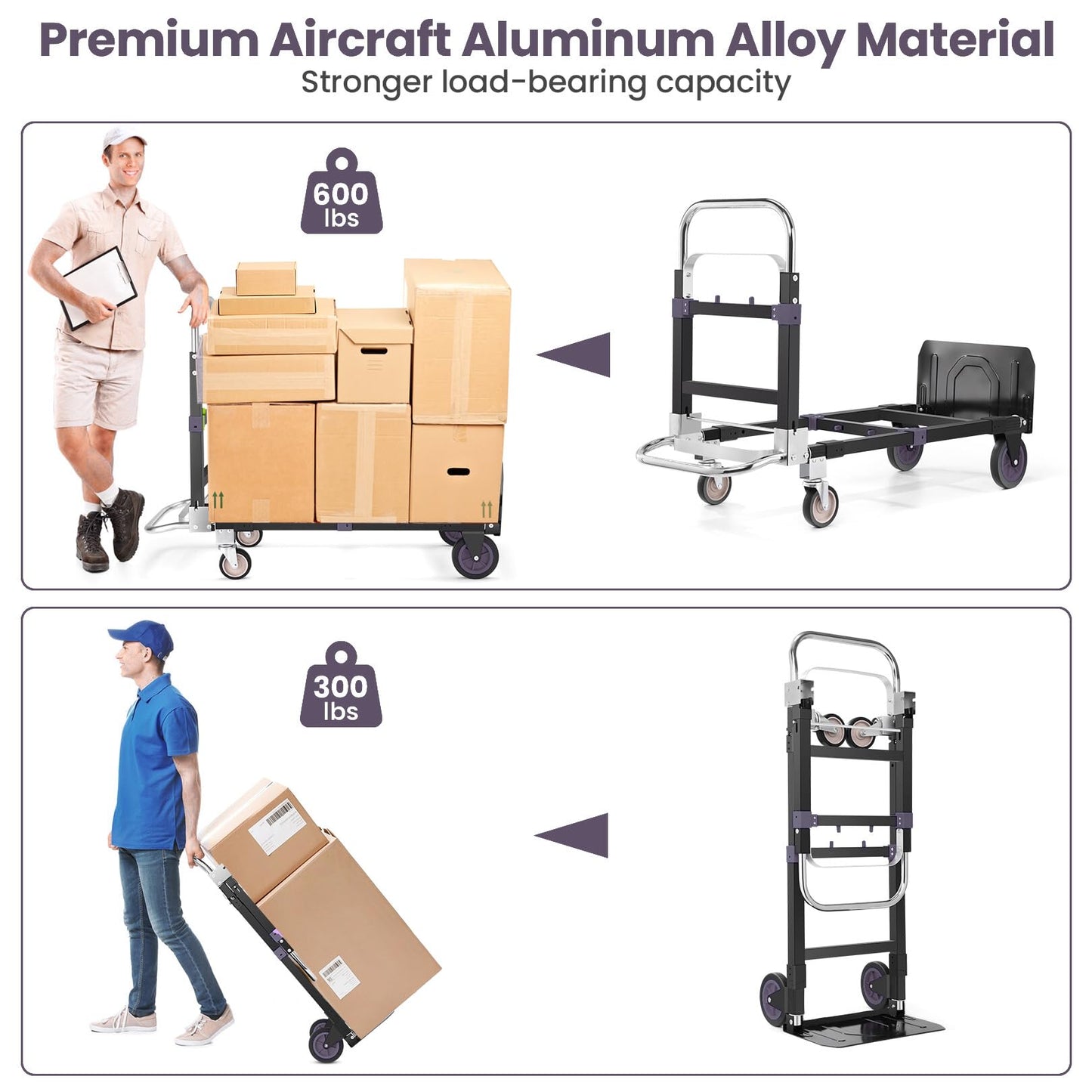 3-in-1 Convertible Heavy Duty Folding Hand Truck Dolly, 600LB Capacity with Rubber& Wheels Telescoping Handles, Portable Collapsible Cart for Warehouse, Supermarket, Office (Black)