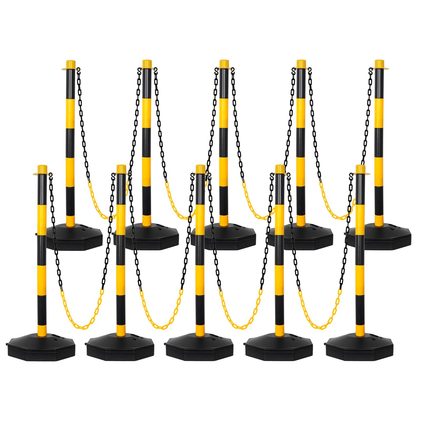 SHAREWIN Parking Delineator Stanchion with Base - 10 Pack 35" Post Traffic Cone, Reflective Collar Black, Yellow - Chain Barriers for Construction, Crowd Control, Events, Road Warning