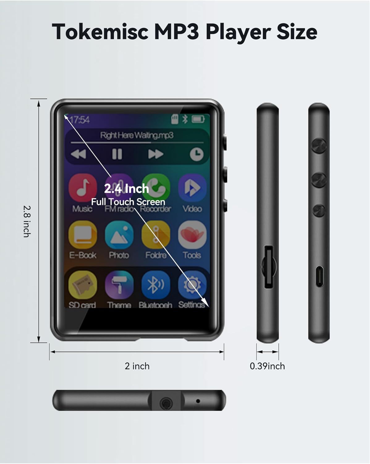 tokemisc 64GB MP3 5.3, Mp3 Mp4 256GB Player with Bluetooth Full Touch Screen Music Player Built-in Speaker,FM