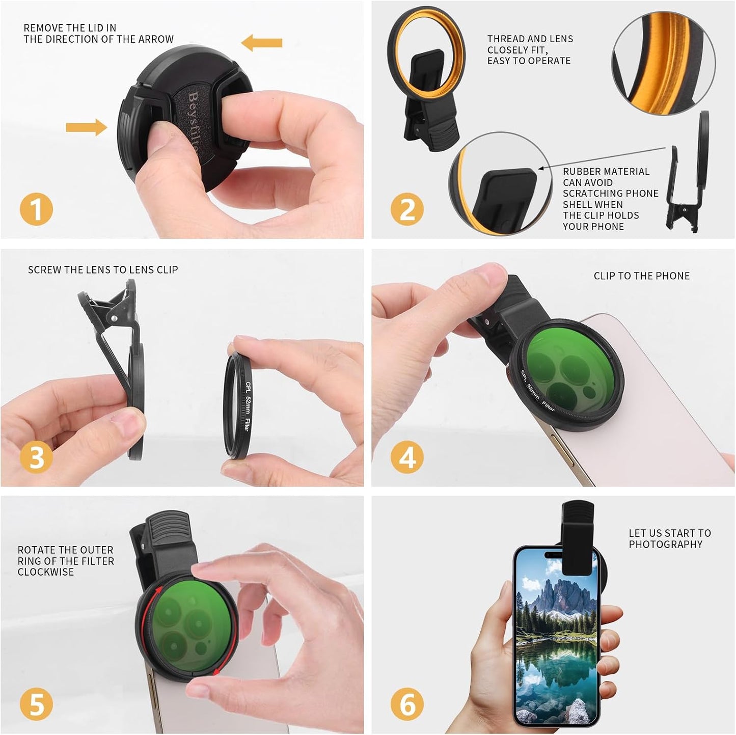 Beysfilter 52MM 16 15 14, CPL Filter for Phone, Clip-on Circular Polarizing Lens, HD Multi-Coated Optical Glass, Camera