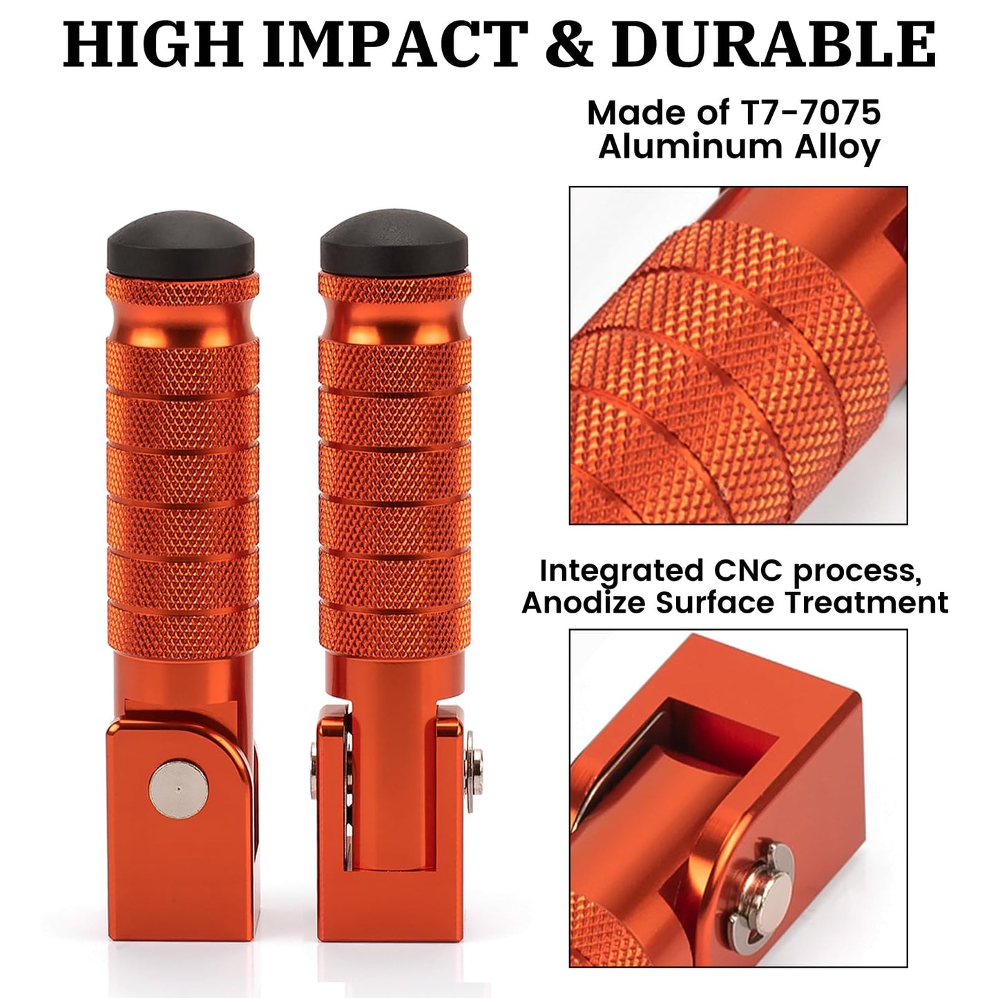 XINGWU M8 Motorcycle Foot Pegs 90 Degree Foldable Footpegs CNC Anti-Skid Footrest Universal for Yamaha Honda Suzuki Aprilia Electric Car Motorbike Mini Bike Dirt Pit Bike Passenger Pedal (Orange)