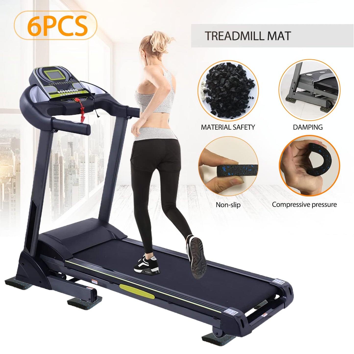 BestXD Treadmill Mat Pads - 6 PCS Shock Absorbing Rubber Pads for Treadmill and Fitness Equipment - Heavy Duty Floor Protector for Home Gym - Non-Slip Stability for Hardwood Floors - 3.94"x3.94"x0.5"