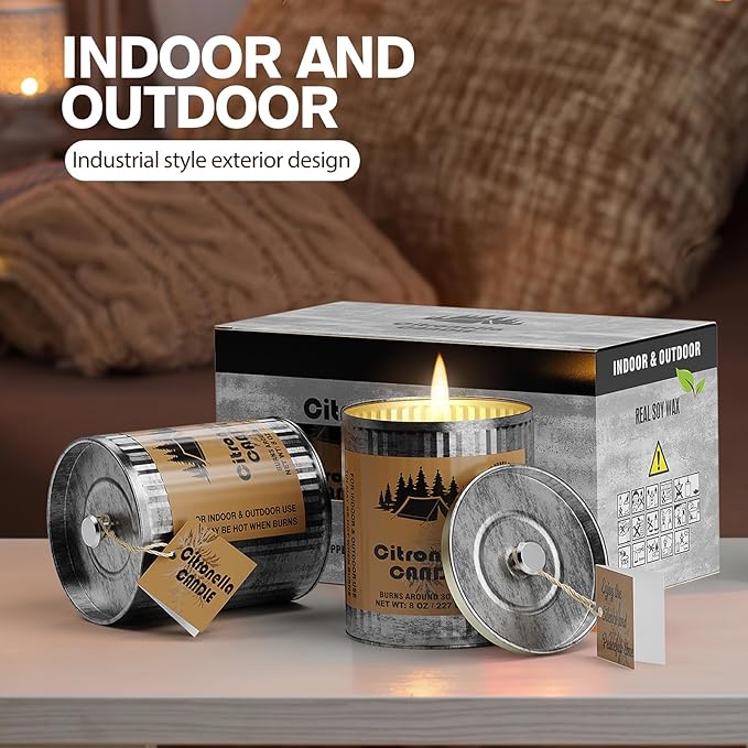 Citronella Outdoor Candle Set | 2-Pack 454g 80H Burn Time | Pure Soy Wax Jar Tin Outdoor Safety Candles for Camping Courtyard Garden | Smokeless Lemongrass Candles Gift for Men&Women