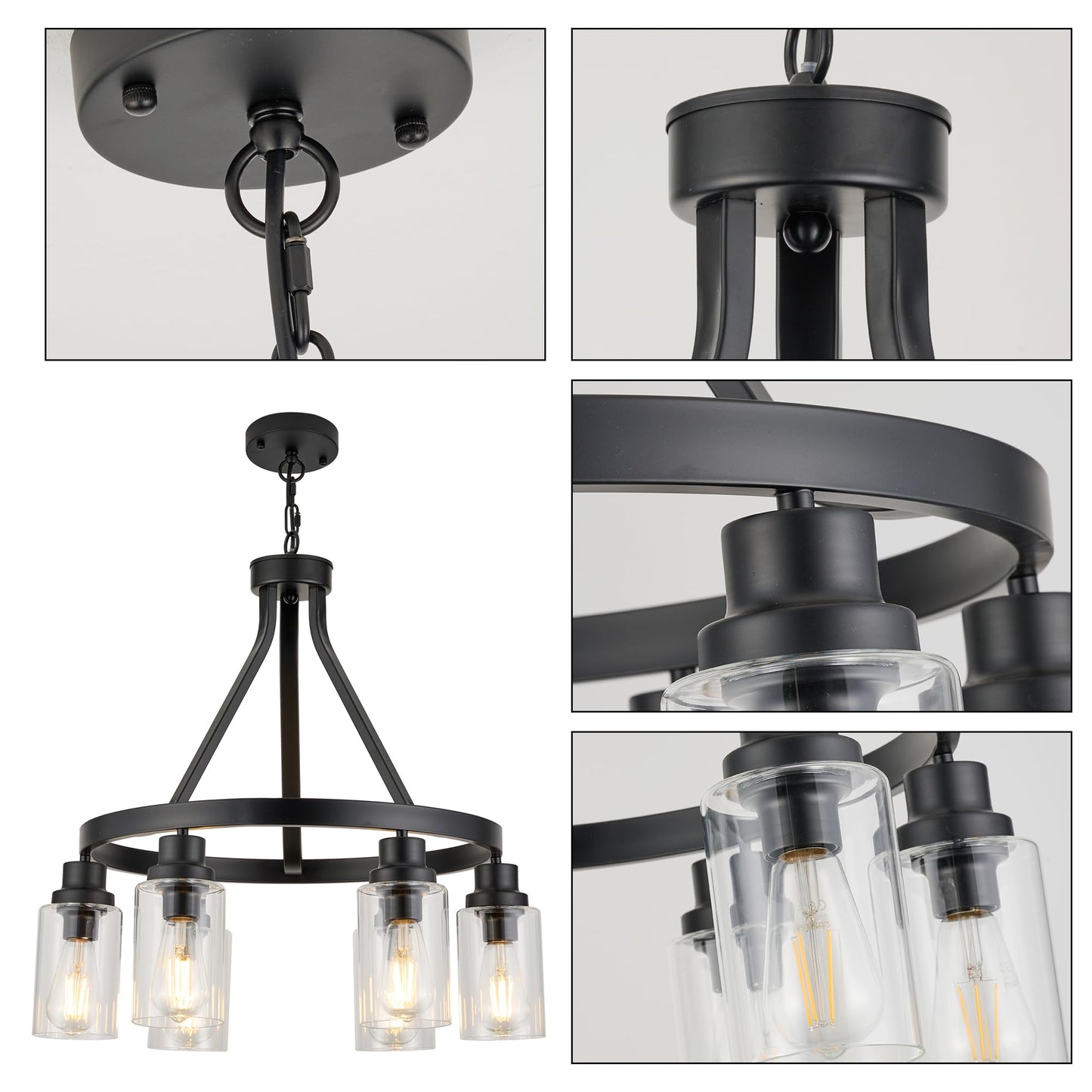 LIGOTFIRE 6-Light Farmhouse Chandelier Light Fixture Dining Room Lighting Fixtures Hanging Wagon Wheel Chandelier Kitchen Island Pendant Lights Modern Black Industrial Rustic Adjustable Height Metal