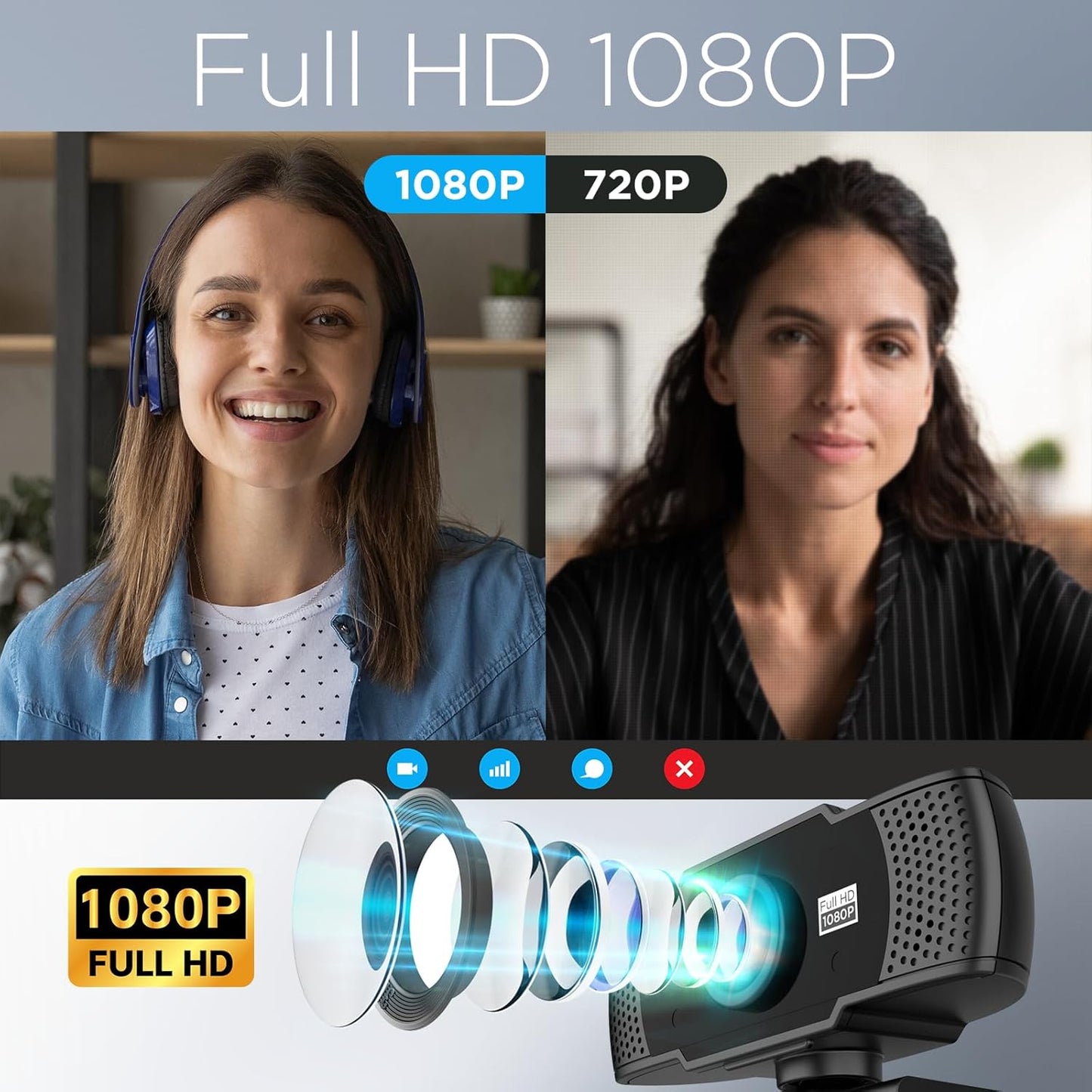 Uyissykia 1080P Full HD Webcam with Dual Microphones & Privacy Cover for PC, Desktop, Laptop, Plug&Play USB Computer