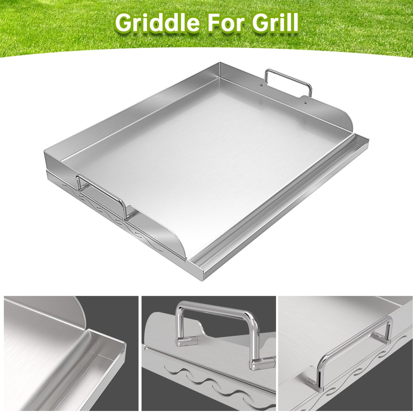 Universal Stainless Steel Griddle Flat Top Plate with Even Heating Bracing for BBQ Charcoal and Gas Grills, Camping, Tailgating, and Parties,with Grease Groove and Removable Handles (17" x 13")
