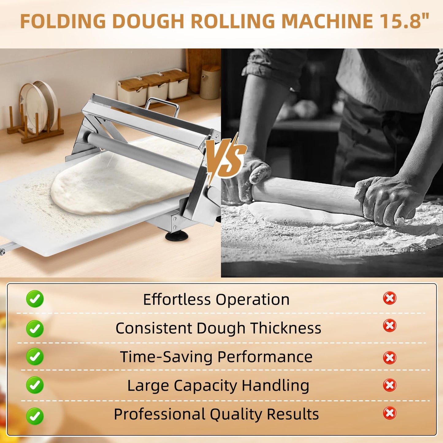 Folding Dough Sheeter (15.8"), Countertop Dough Sheeter, Dough Sheeter, Manual Dough Sheeter, Adjustable Thickness, Stainless Steel Dough Roller Machine, Bread, Pizza, Cookies, Pie (1 Rolling Board)