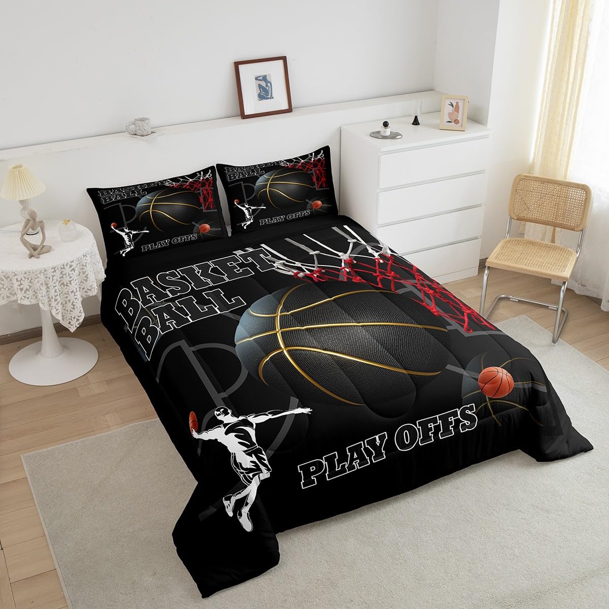 Basketball Room Bedding for Boys Sport Dunk Basketball Comforter Set Queen Size for Kids Teens, 3D Black Ball Printed Bedding Comforter Sets Sport Game Ball Theme Duvet Insert Basketball Player Quilt