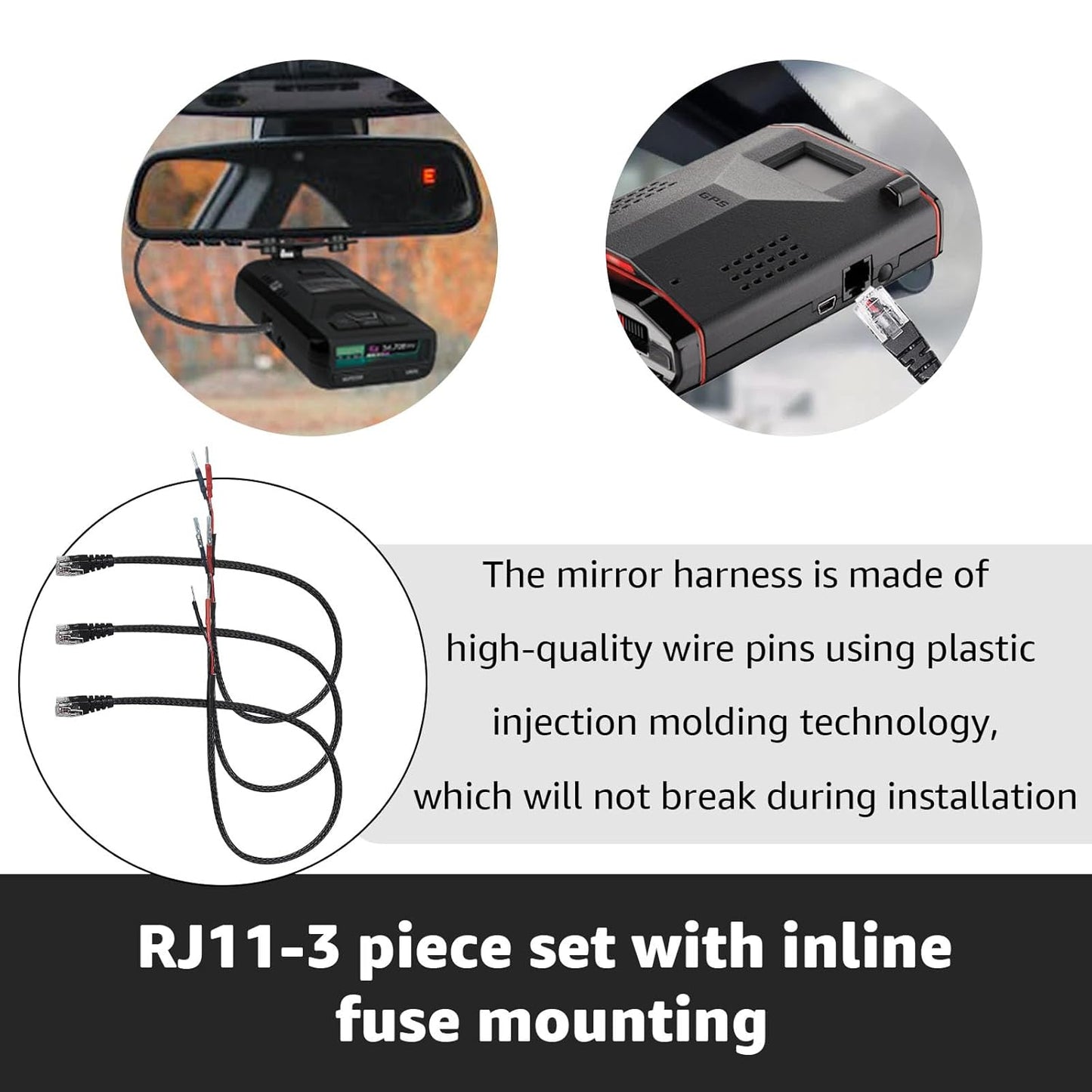 16.5" Set (3-Piece Set) (RJ11) Radar Detector Hardwire Power Cord Mirror Wire Plug Tap - Compatible with Escort Uniden