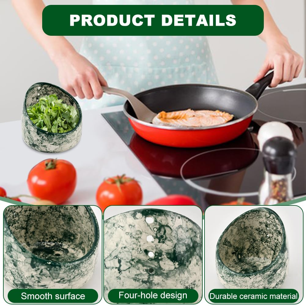 Herb Stripper Bowl, Handmade Ceramic Herb Stripper, Pottery Kitchen Efficient Leaf Removal Tool Available in Different Hole Sizes for Peeling the Stemmed Leaves(Color:Green)