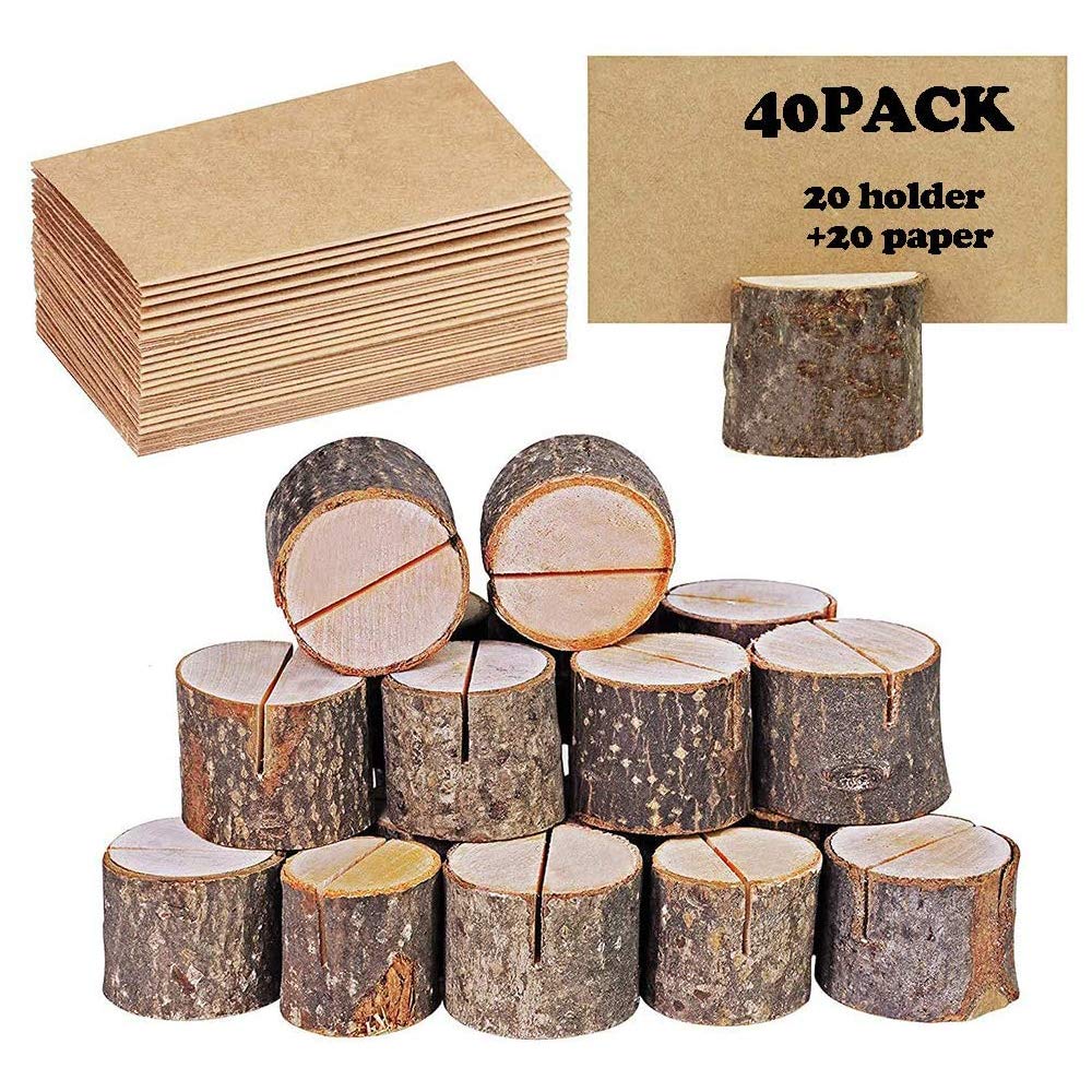 whatUneed 20 Pack Place Card Holders, Rustic Real Wood with Wooden Bark Table Card Holder, Number Photo Stand Place Name Memo Card Holder for Wedding Party (20 Holders+20 Kraft Place)