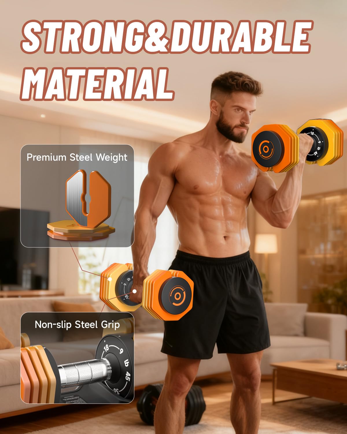 Adjustable Dumbbells Set 45LB Single, 1-Sec Fast Adjustable 5 Weights by Turning Handle, Premium Comfort Non-slip Metal Dumbbells with Tray, Compact Size for Full Body Home Workout (Orange)