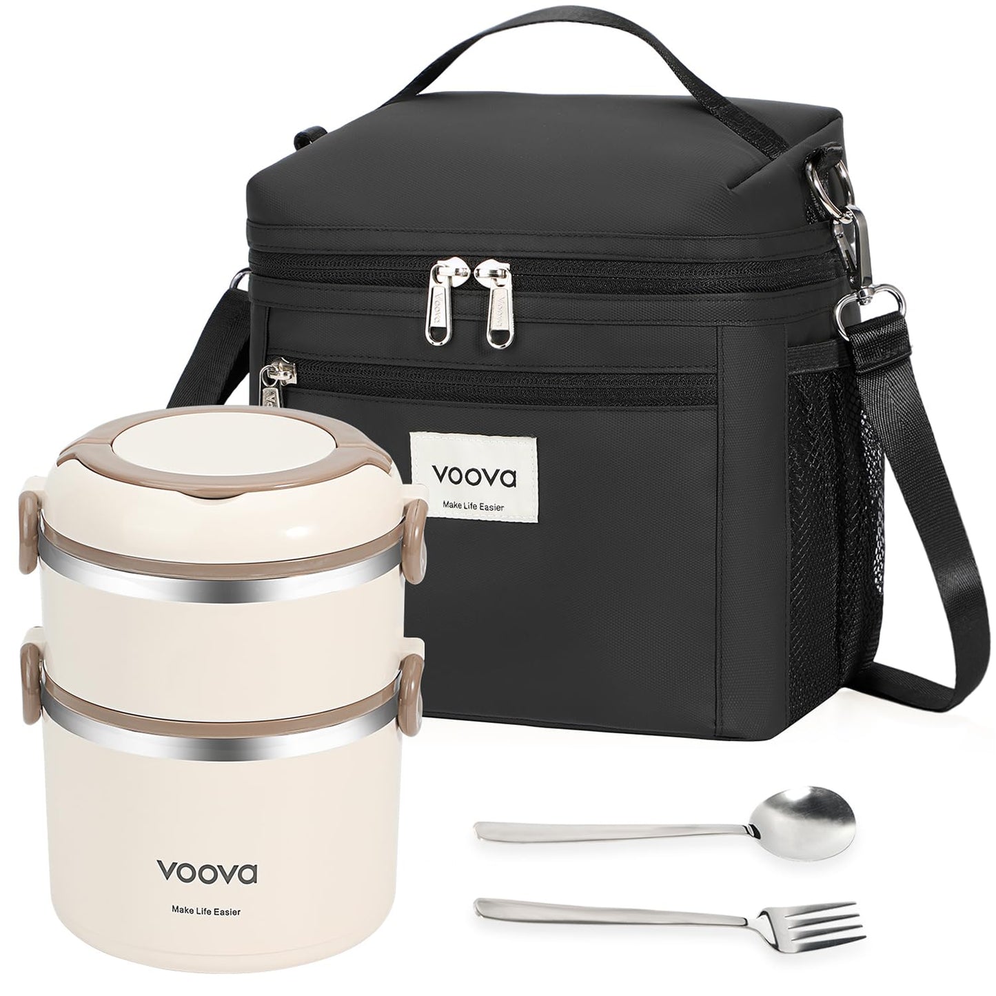 Voova Stackable Stainless Steel Thermal Lunch Box with Lunch Bag for Women Men Adult, 2 Tier Leakproof & Microwave Safe Insulated Bento Boxes Food Container for Work, Black