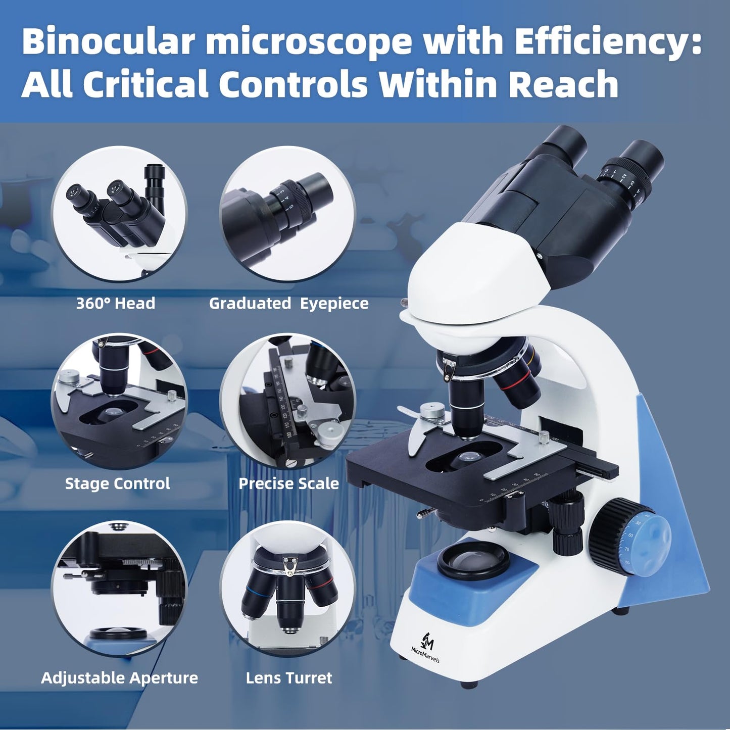MicroMarvels Professional Compound Binocular Microscope 40X-2000X, Dual LED Illumination with WF10X & WF25X Eyepieces, Metal Frame for School Laboratory, Home Education, Home Learning (Blue & White)