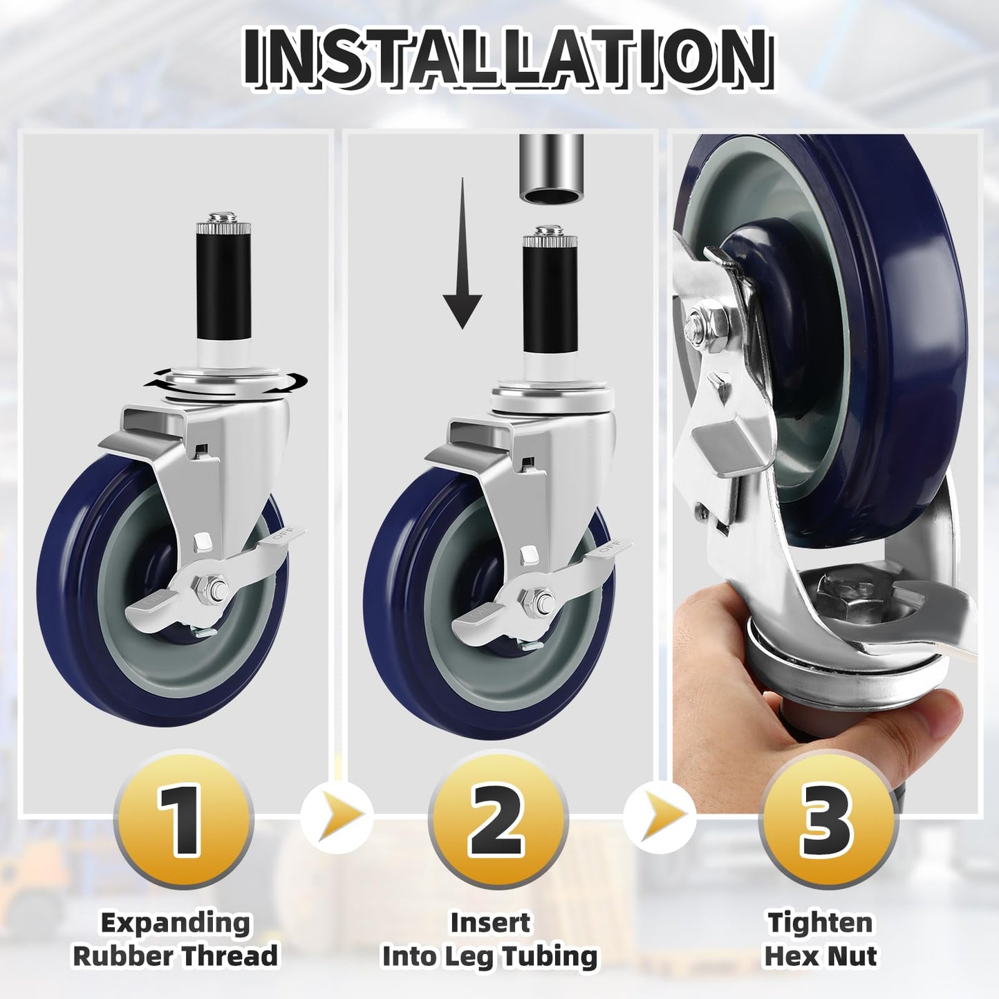Besitu 5 Inches Prep Table Wheels Set of 4, Expanding Stem Casters Fit for 7/8", 1", 1-1/2" and 1-5/8" Tube Leg for Stainless Steel Table, Cart, Furniture Legs, Commercial Kitchen Appliances