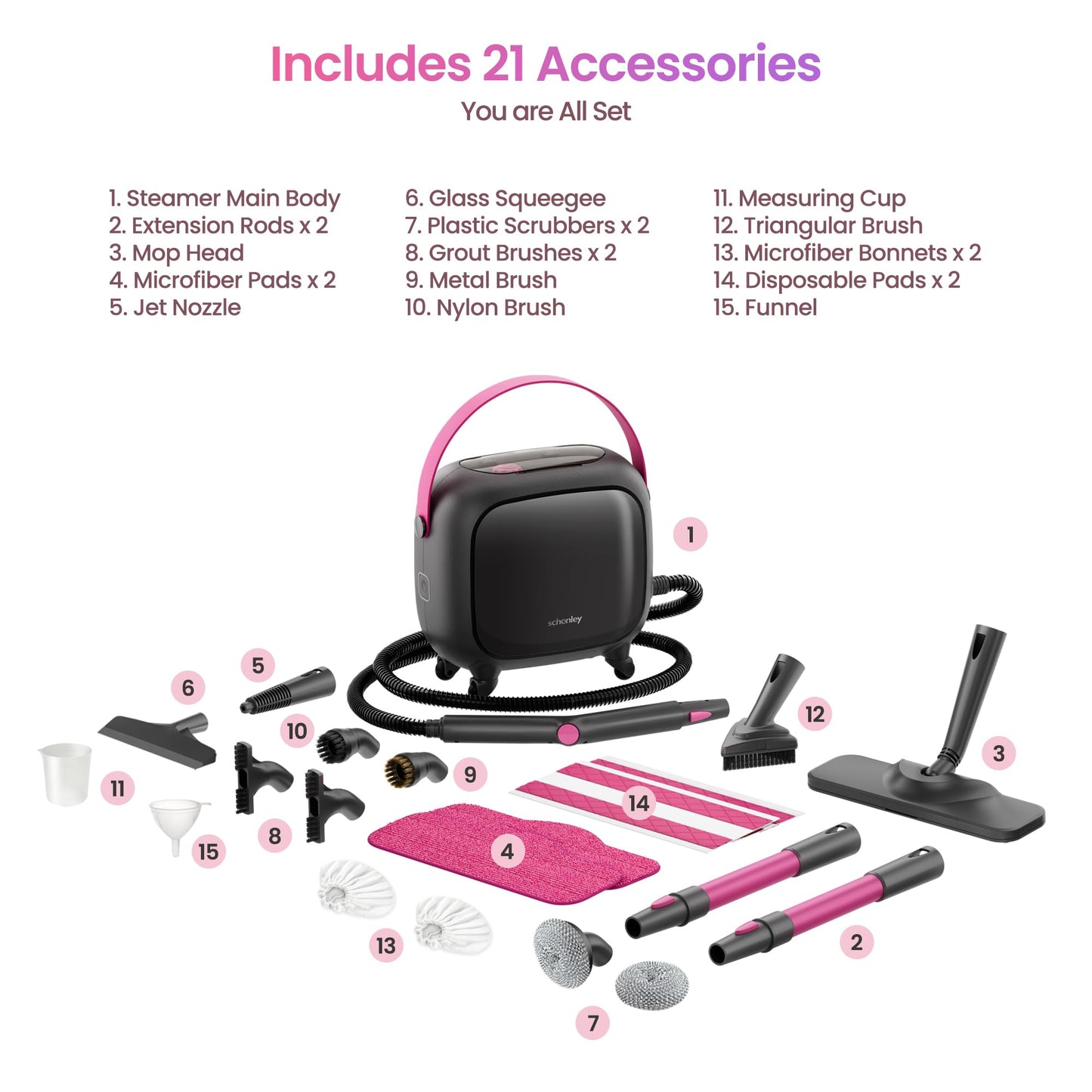 Schenley 21-in-1 Steam Cleaner, High-Pressure Heavy-Duty Steamer for Deep Cleaning Floors, Tiles, Upholstery, Grout, Grill and Cars, Fast Heat-Up, Large Water Tank, Multi-Purpose, Portable Design