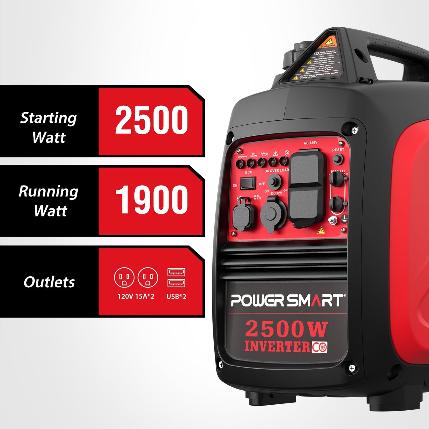 PowerSmart 2500W Gas Powered Portable Inverter Generator With CO Sensor- Super Quiet Generator for Home Use, Camping, Outdoor Use, Parallel Ready, EPA Compliant