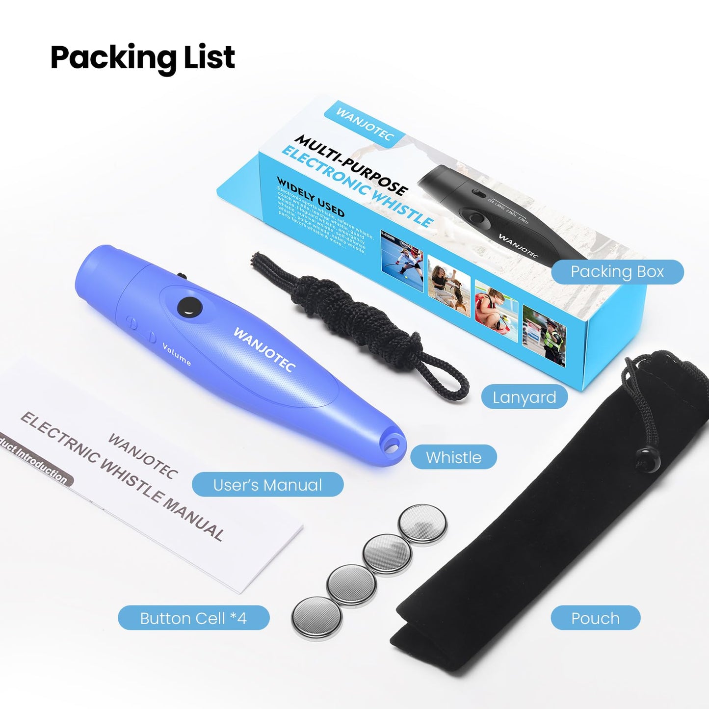 WANJOTEC Electronic Whistle for Teacher Coache, 3 Tones Adjustable 130db Loudest High Volume Handheld Emergency Electric Whistles for Referee, P.E.Outdoor Sports Whistles with Lanyard (Blue)