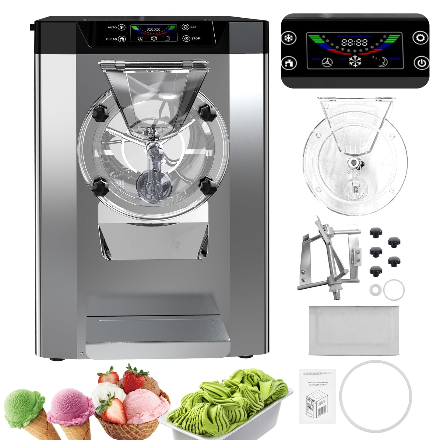 Patikuin 2000W Commercial Ice Cream Maker - Single Flavor Countertop Gelato Machine with LCD Touchscreen - 4.8-6.3 Gal/Hr Output - Automatic Cleaning - High Productivity for Snack Bars & Restaurants