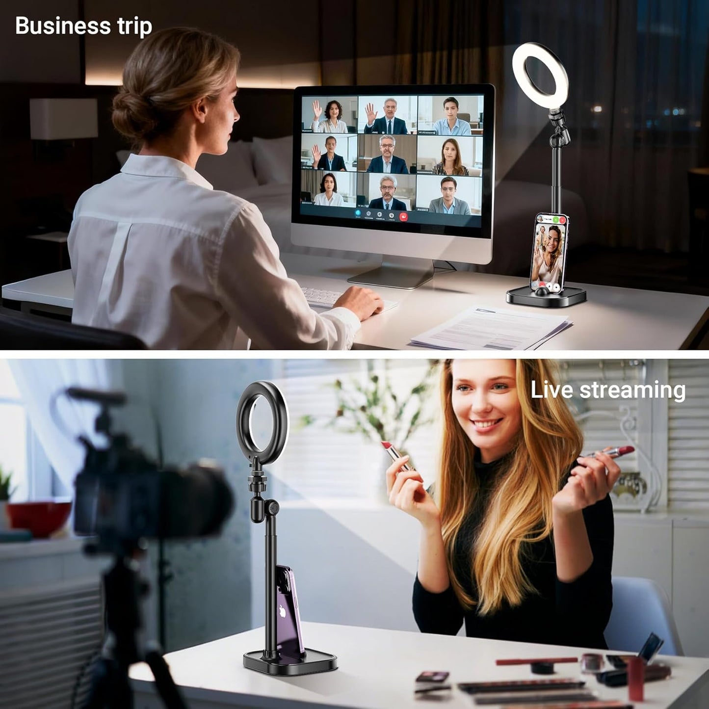 Mionondi 5 Ring Light for Desk, Portable Streaming Lights for Video Recording, Halo Lighting with Stand for Selfie