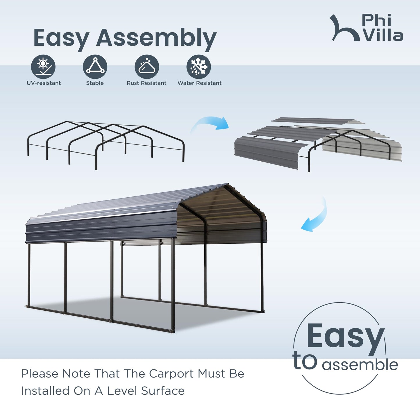 PHI VILLA 10x15 ft Carport, Metal Carports Canopy with Sidewalls Heavy Duty Car Port Portable Garage with Galvanized Steel Roof Multi-Use Shelter, Sturdy Car Ports for Cars, Boats and Tractors