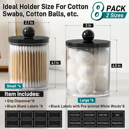 8 Pack Acrylic Qtip Holder Dispenser | Clear & Black Cotton Swab Storage Canisters for Bathroom Decor