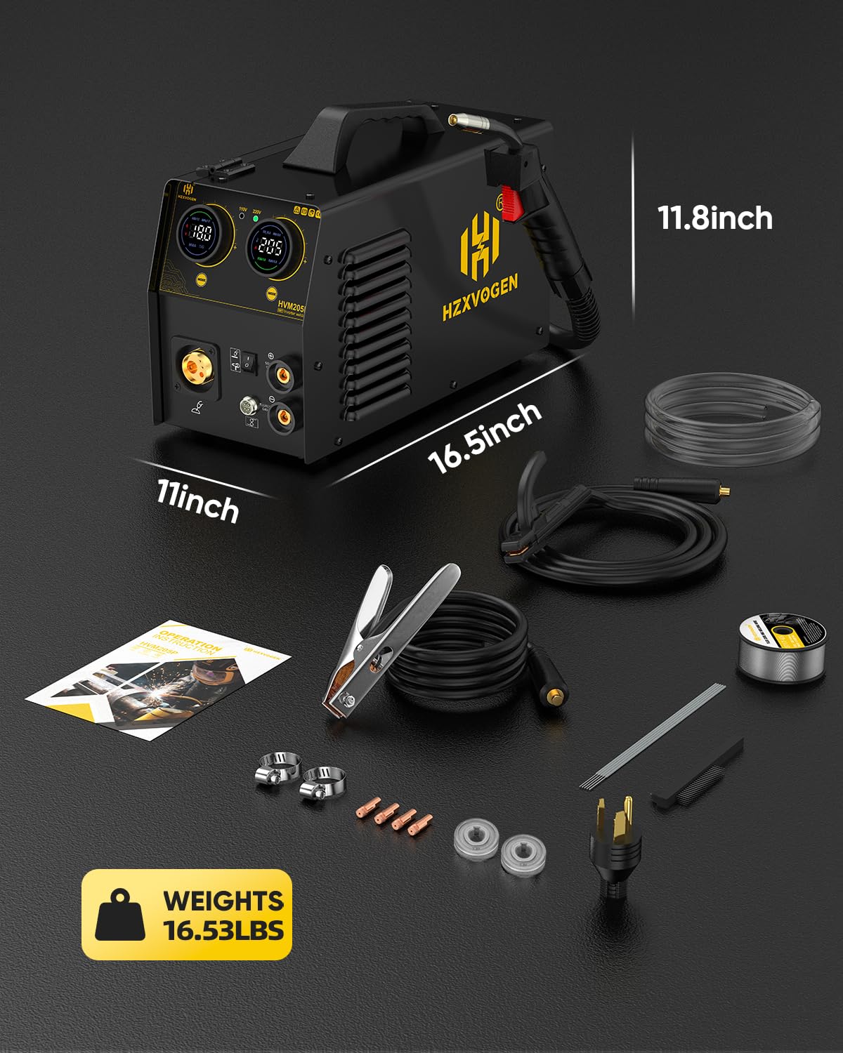 H HZXVOGEN 205A MIG Welder, 5 in 1 Gas MIG/Gasless MIG/Stick/Lift TIG/Spool Gun 110/220V Aluminum Welder Machine, Synergic Control Multiprocess Flux Core Welder MMA/Arc Welding Machine(HVM205P)