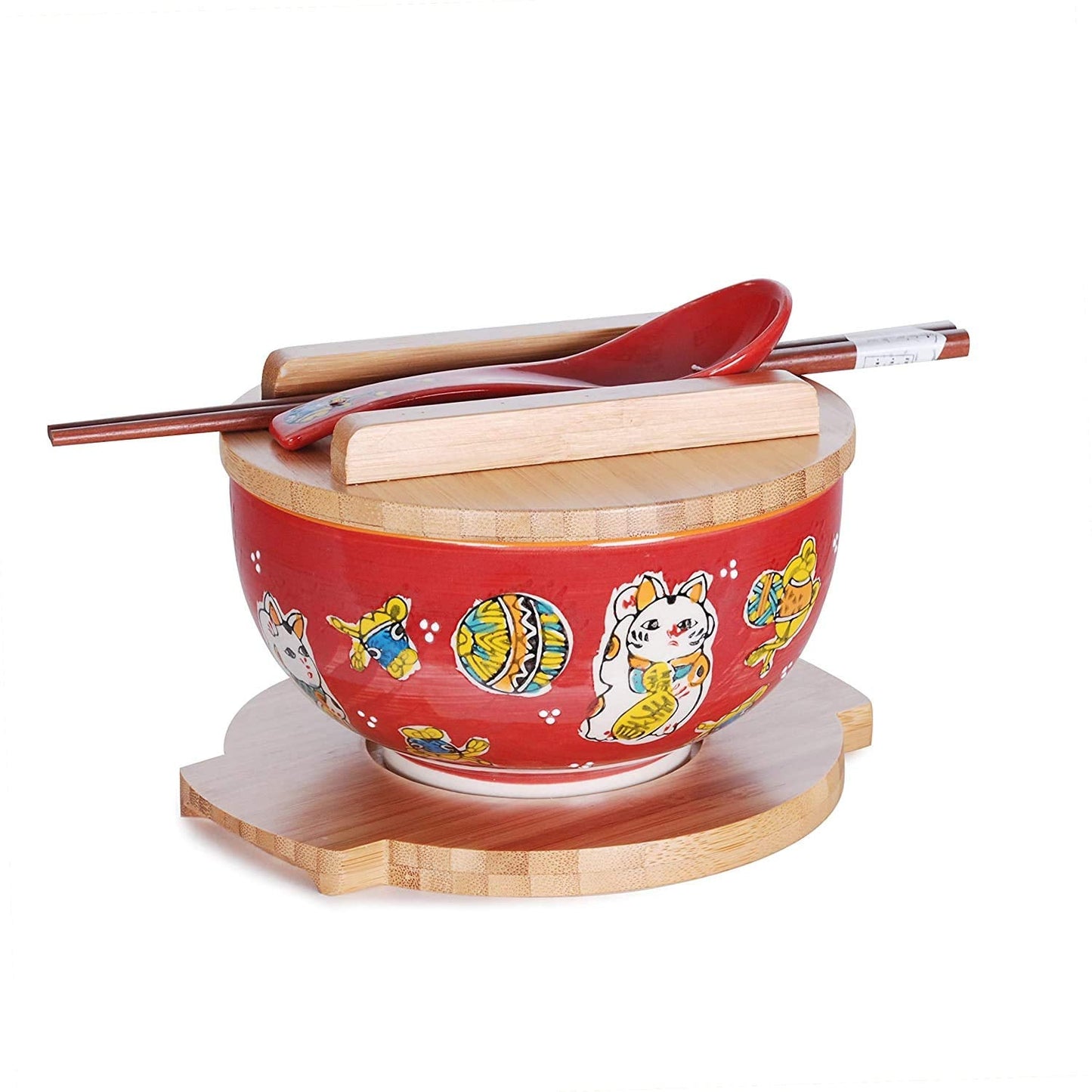 Happy Sales HSKM-RDCAT6, Japanese Kamameshi Vintage Style Rice Noodle Ramen Bowl with Bamboo Lid Trivet Chopsticks and Porcelain Spoon Bowl Set, Red Lucky Cat