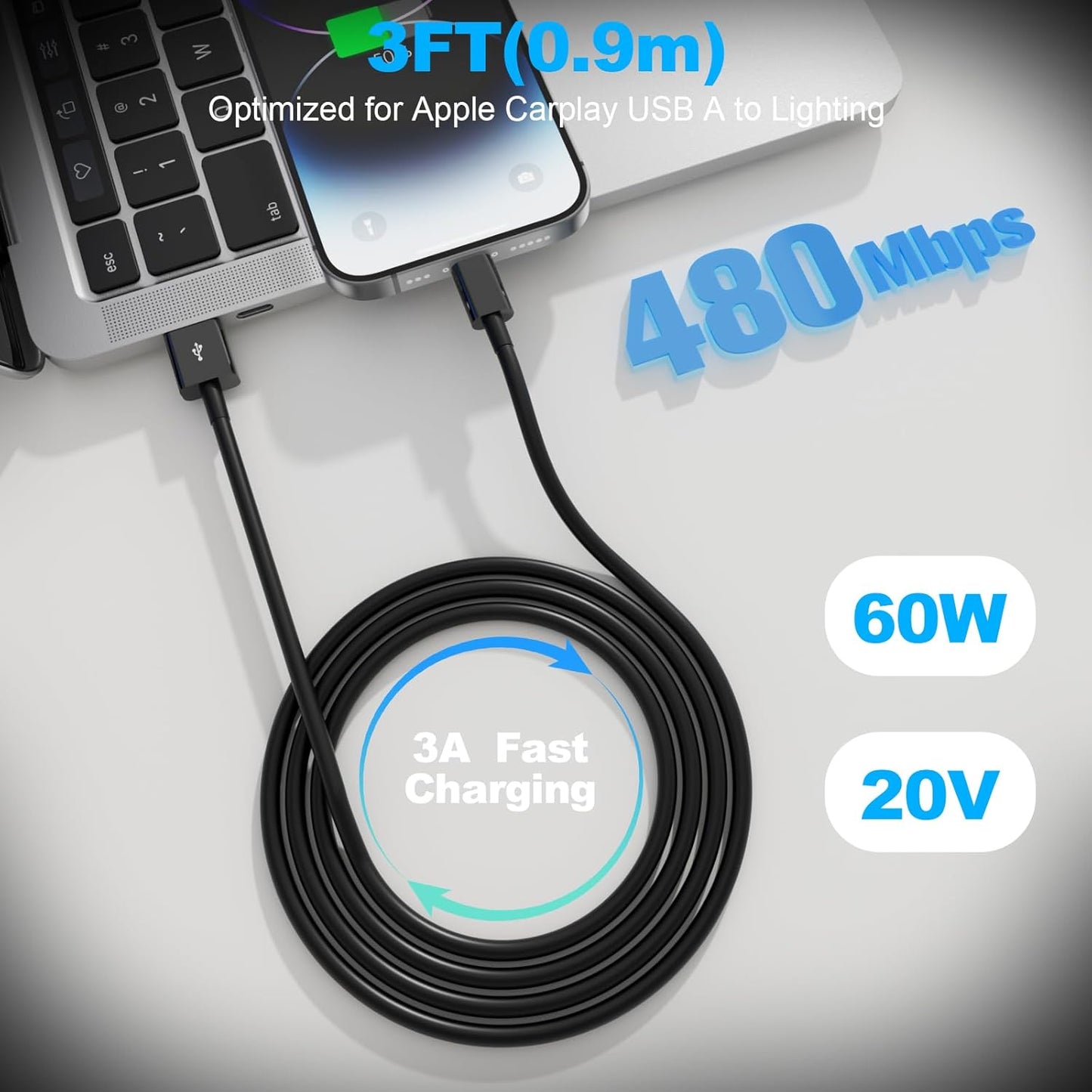 3FT 14 13 12 11 Snisre Car Carplay Cable, USB A to Lightning Cable Compatible with iPhone Pro Max XR XS X Charger